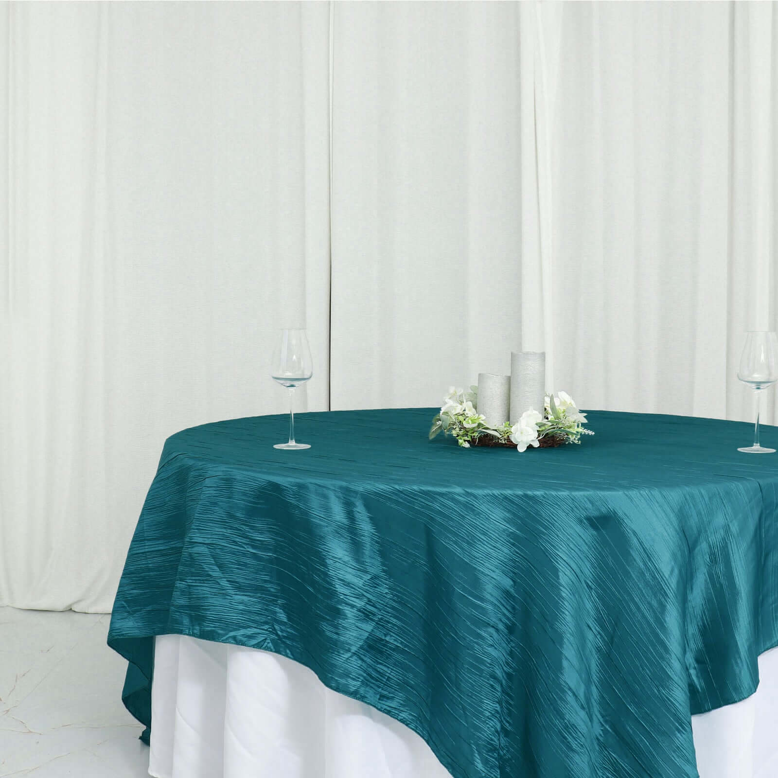 Taffeta 90x90 Table Overlay Square Tablecloth Peacock Teal - Accordion Crinkle Table Cover