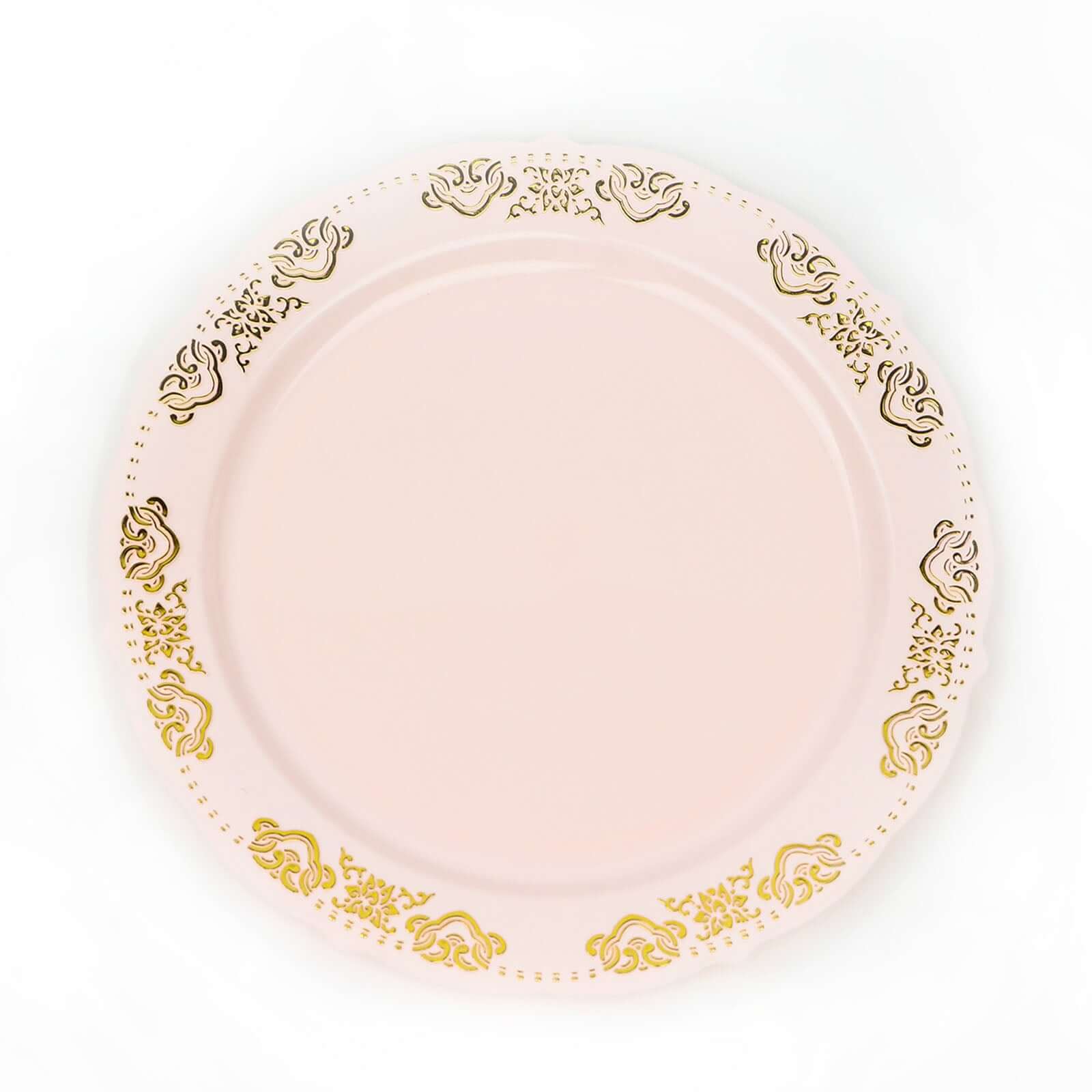 10-Pack Plastic 10 Round Dinner Plates in Blush with Gold Embossed Scalloped Edge - Chic Disposable Party Plates for Special Occasions & Banquets