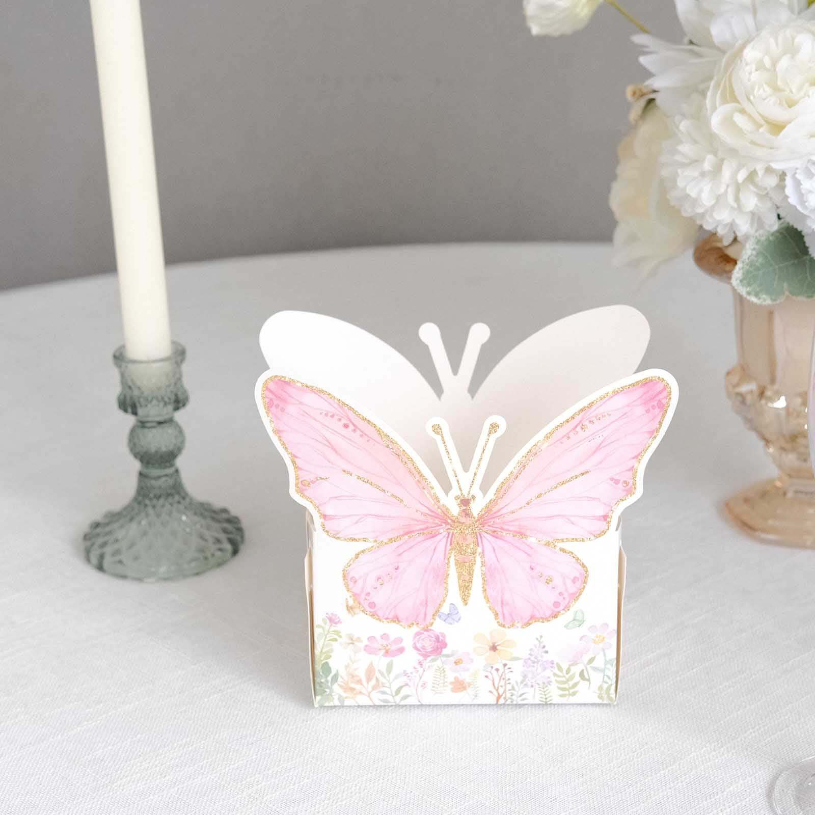 25-Pack Disposable Food Trays White/Pink Glitter Butterfly Design Cardstock - Whimsical Disposable Serving Tray Food Boats for Girls Birthday Baby Shower Party Supplies 6x7