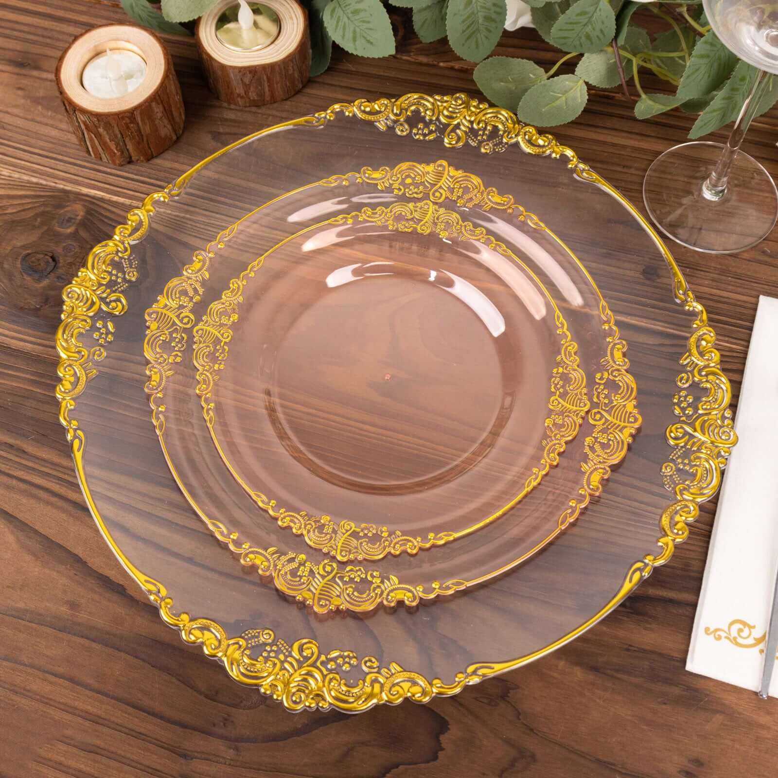 10-Pack Plastic 8 Round Dessert Plates in Transparent Blush with Gold Leaf Embossed Rim - Disposable Vintage Baroque Style Salad Plates