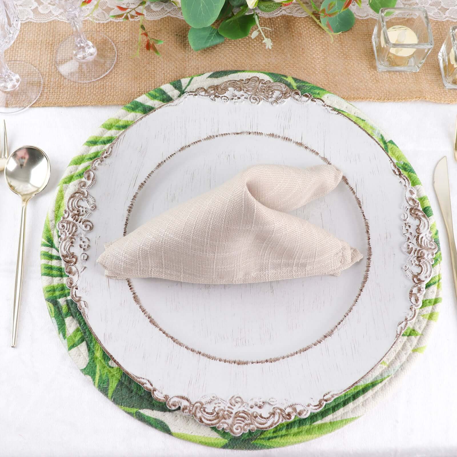 4-Pack Table Placemats Tropical Leaf Design Green Cotton Round - Woven Indoor/Outdoor Dining Mats 15