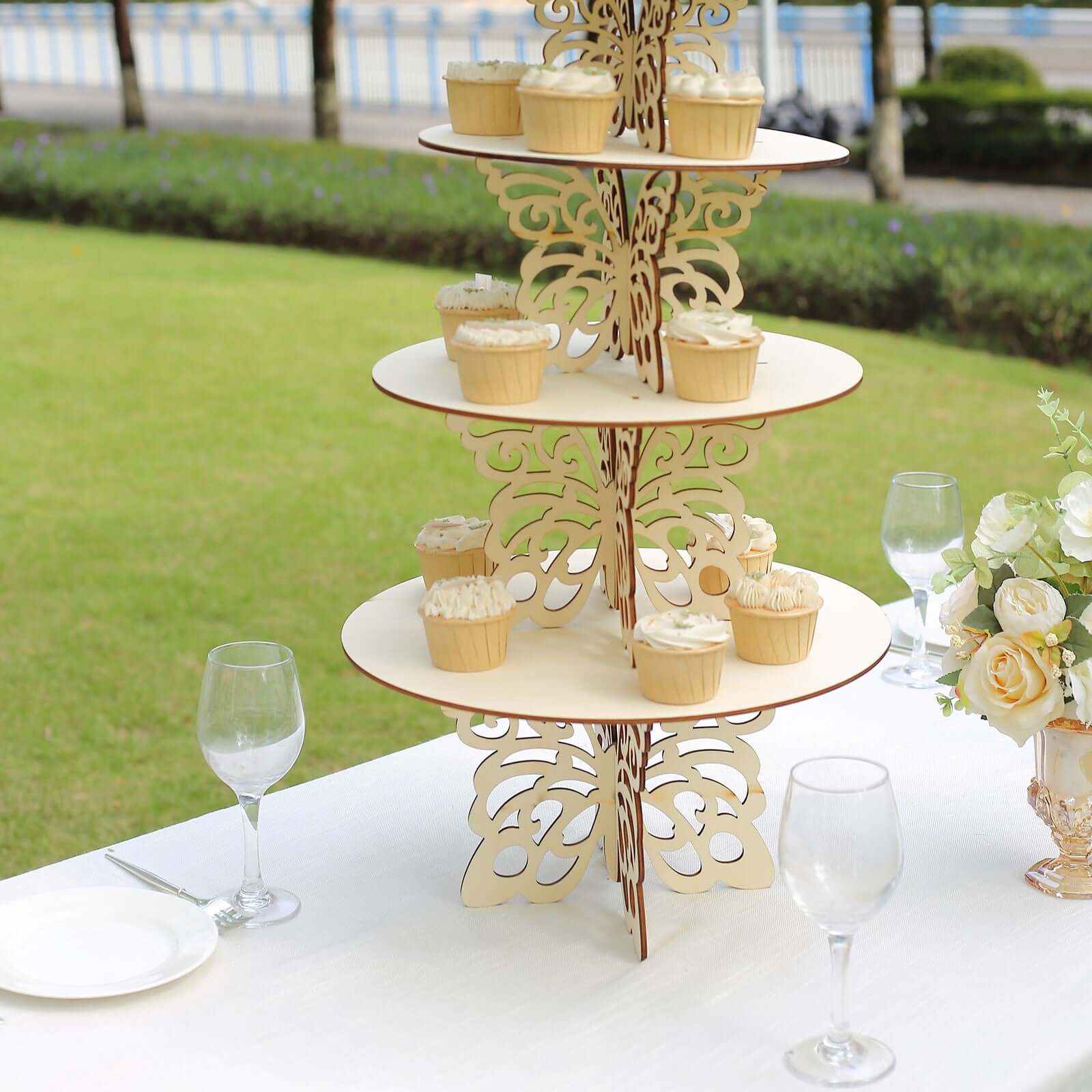 Set of 4 Wooden Cake Stands Butterfly Round Design Natural - Stackable Rustic Cupcake Holder Centerpiece 10, 12, 14, 16