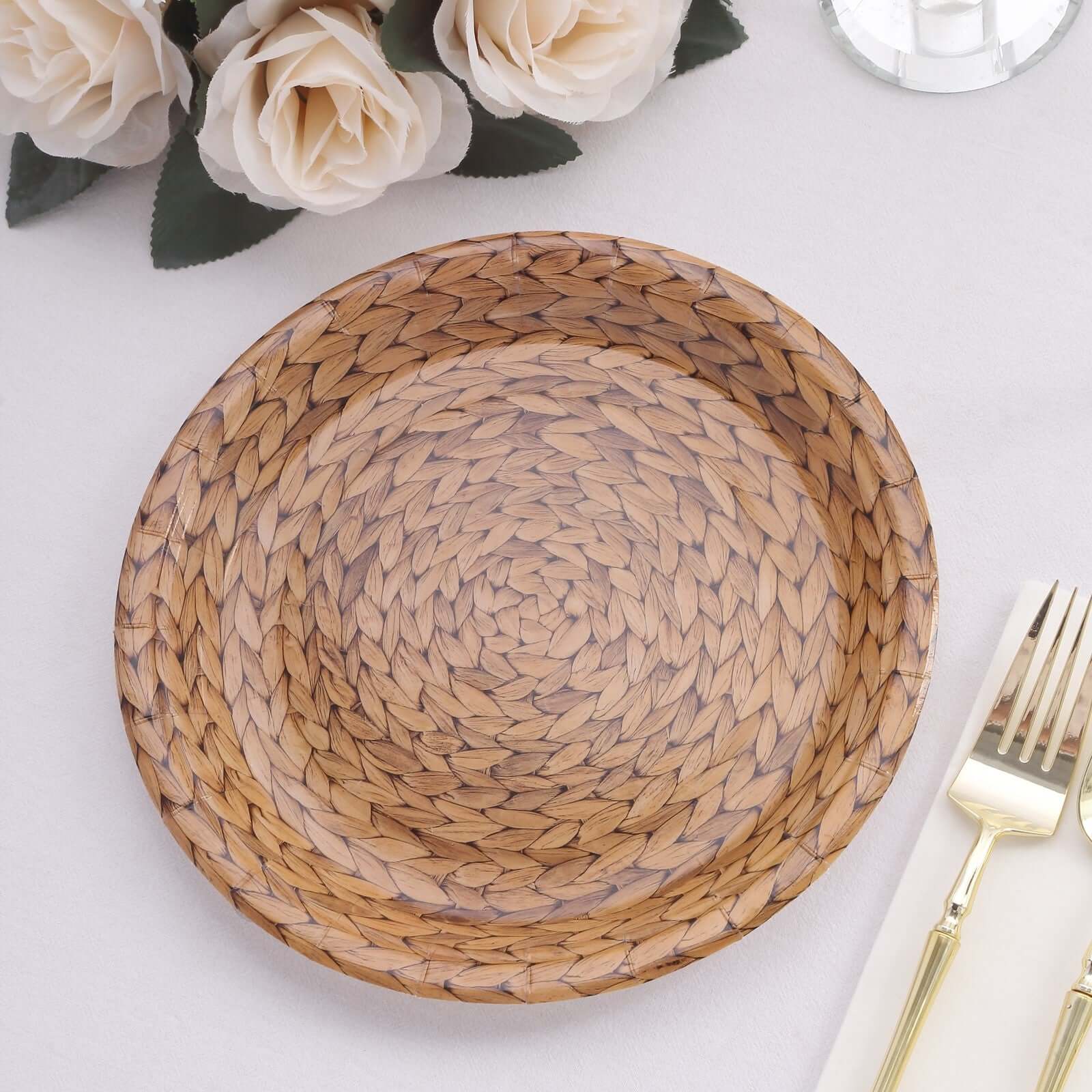 25-Pack Paper 9 Round Dinner Plates Natural with Woven Rattan Print - Rustic Farmhouse Disposable 300GSM Party Plates for Country Chic Celebrations