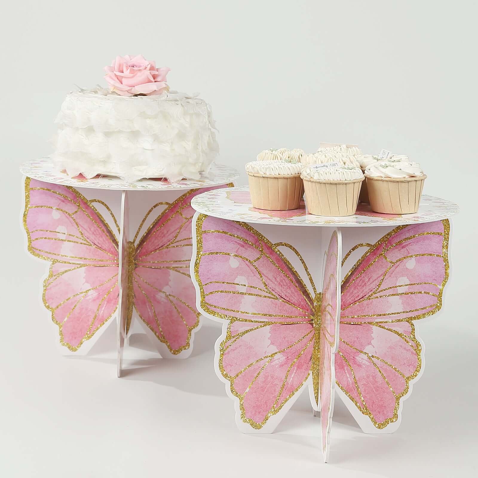 2-Pack Foam Board Cake Stands White/Pink Glitter Butterfly with Floral Print - Sturdy Cupcake Dessert Holder Display Stands for Enchanted Garden Party Birthday & Event Decor 12