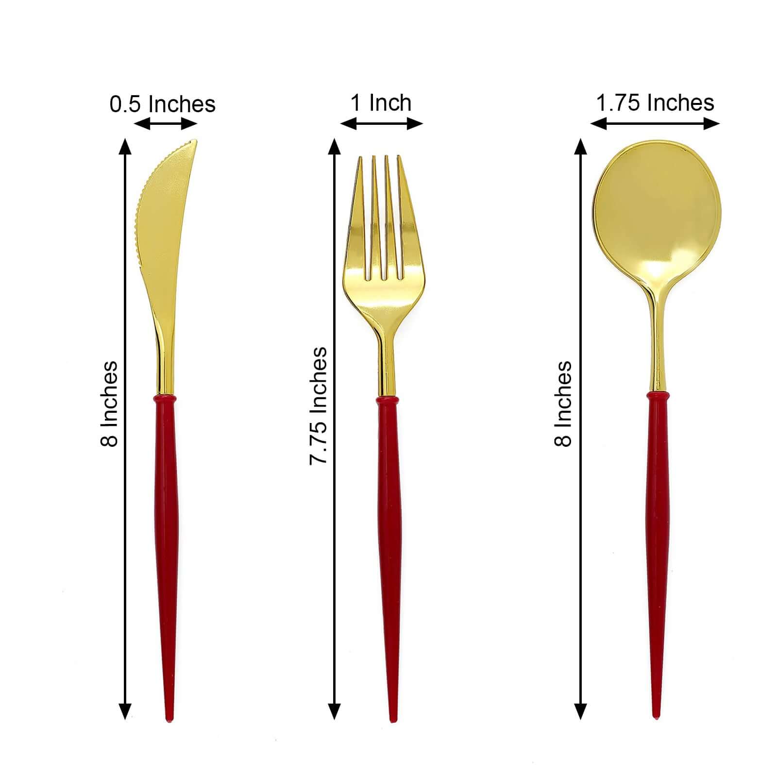 24-Pack Plastic Flatware Set in Metallic Gold with Red Handle - Heavy Duty Disposable Modern Silverware 8