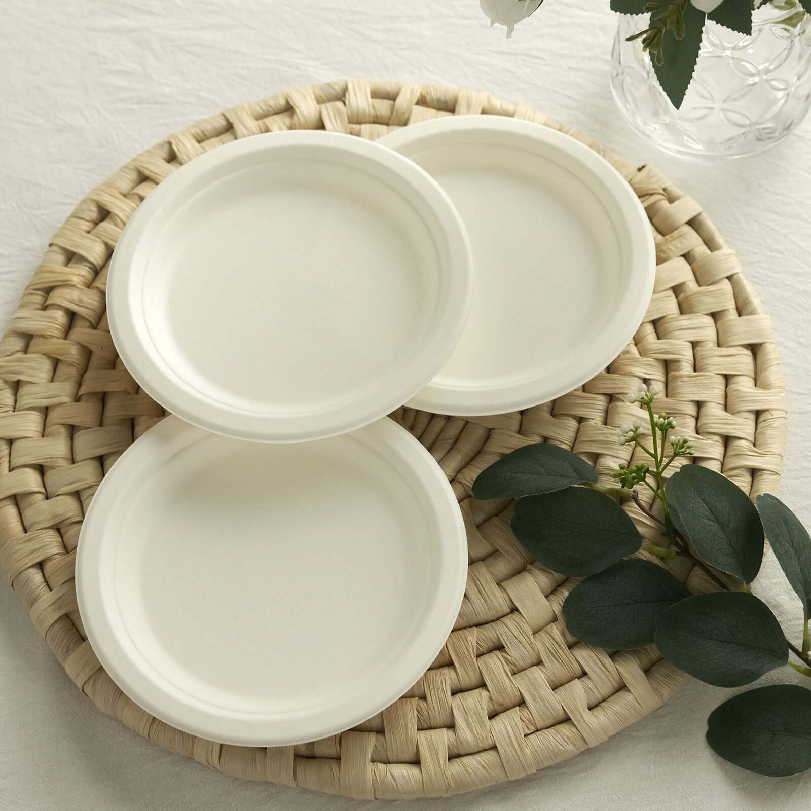 50-Pack Bagasse 7 Round Dessert Plates in White - Biodegradable Disposable Sugarcane Appetizer Salad Plates for Outdoor Celebrations & Picnics