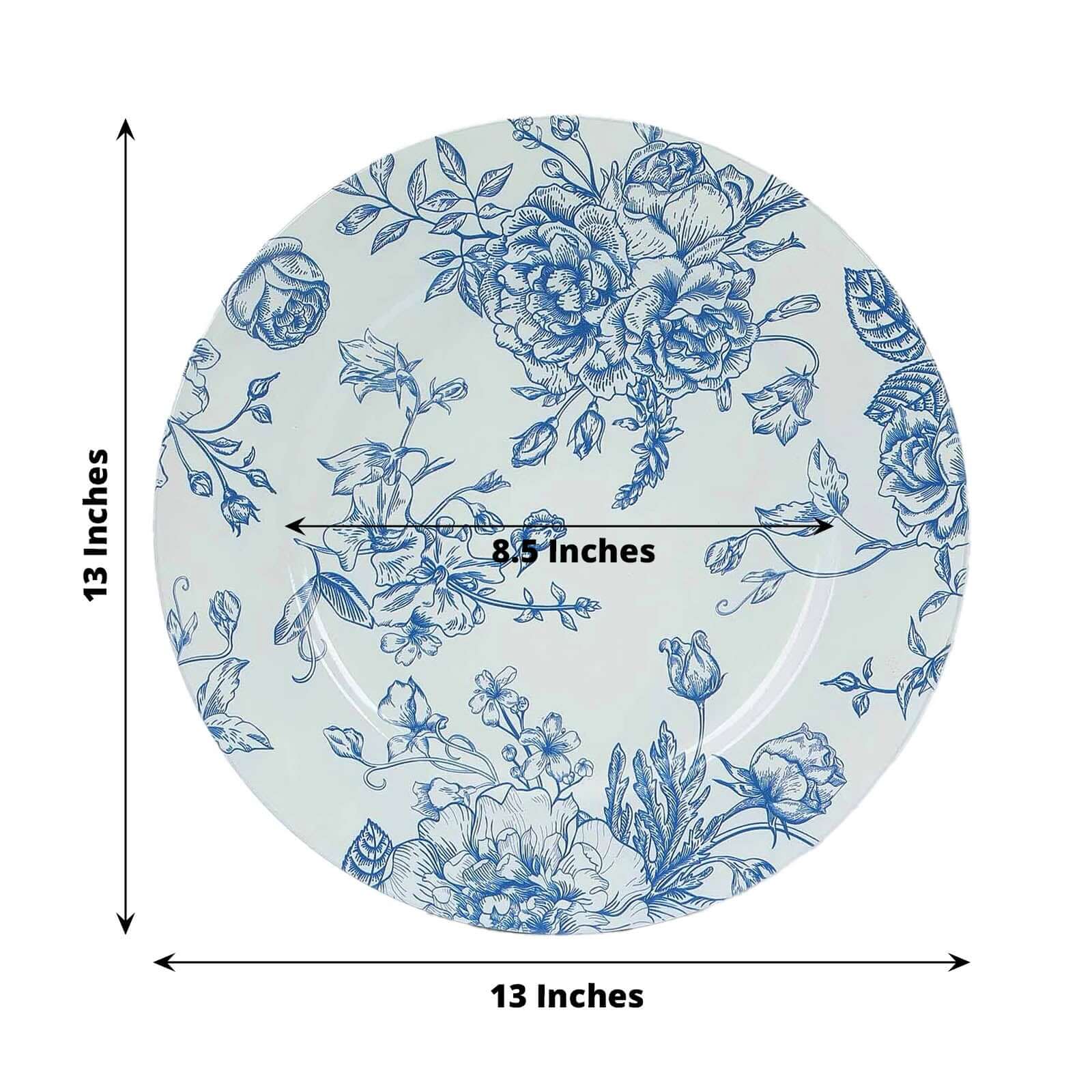 6-Pack Acrylic Round Charger Plates 13 in White with Light Blue Floral French Toile Pattern, Decorative Dinner Party Charger Tableware