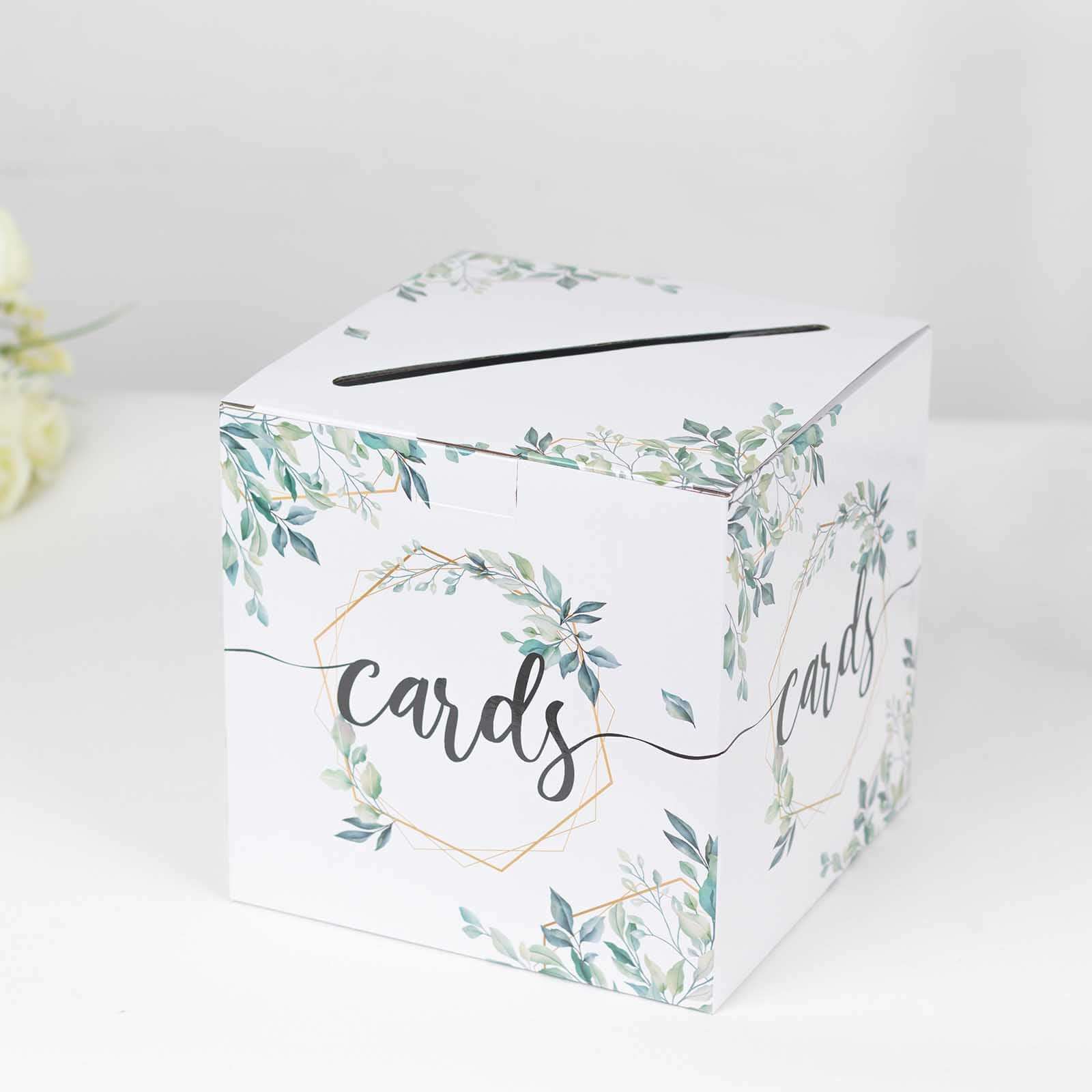 Greenery Theme Wedding Reception Gift Card Box with Geometric Gold Foil Print, Collapsible Money Card Box - 8x8