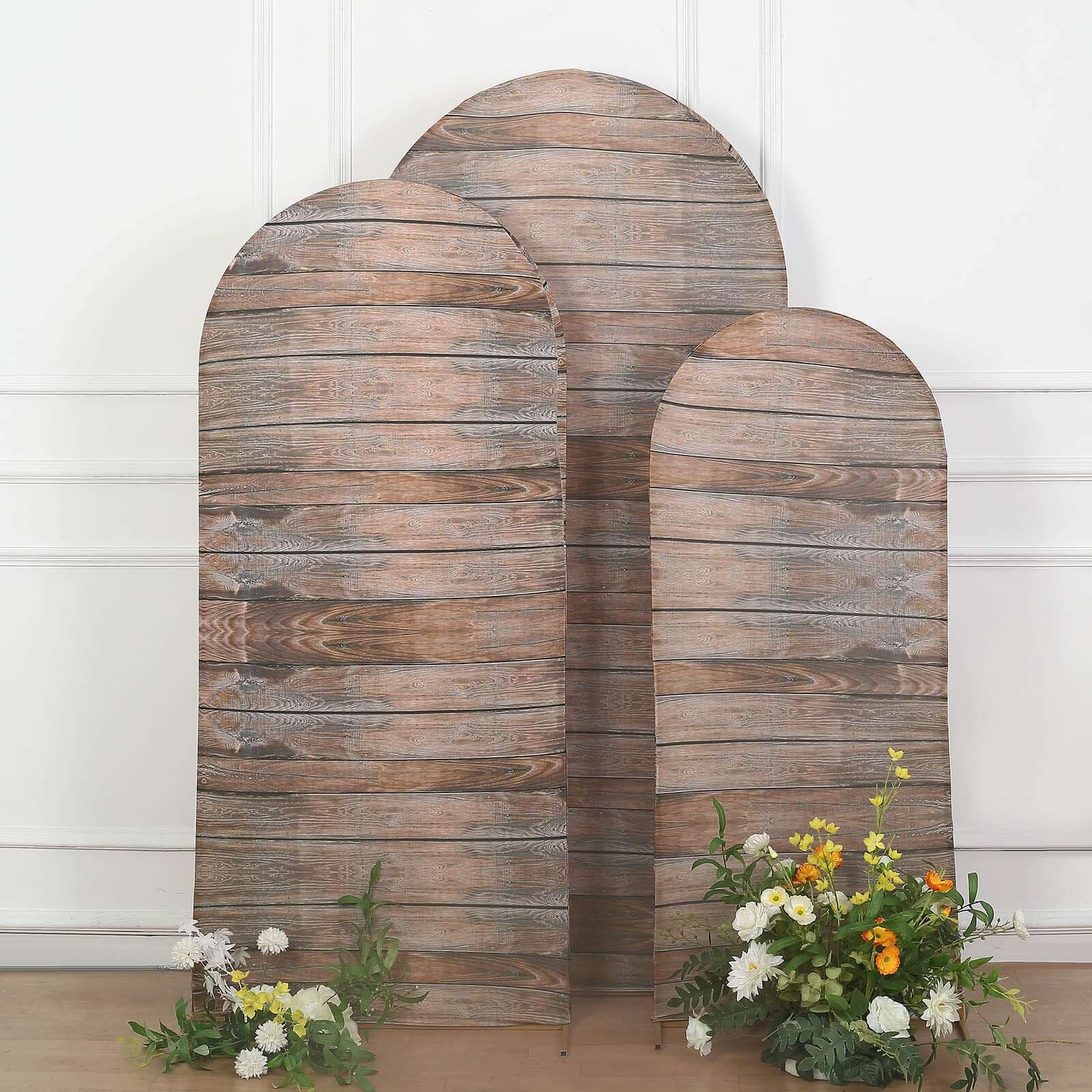 Set of 3 Brown Rustic Wood Plank Pattern Spandex Fitted Chiara Backdrop Stand Cover For Round Top Wedding Arch - 5ft, 6ft, 7ft