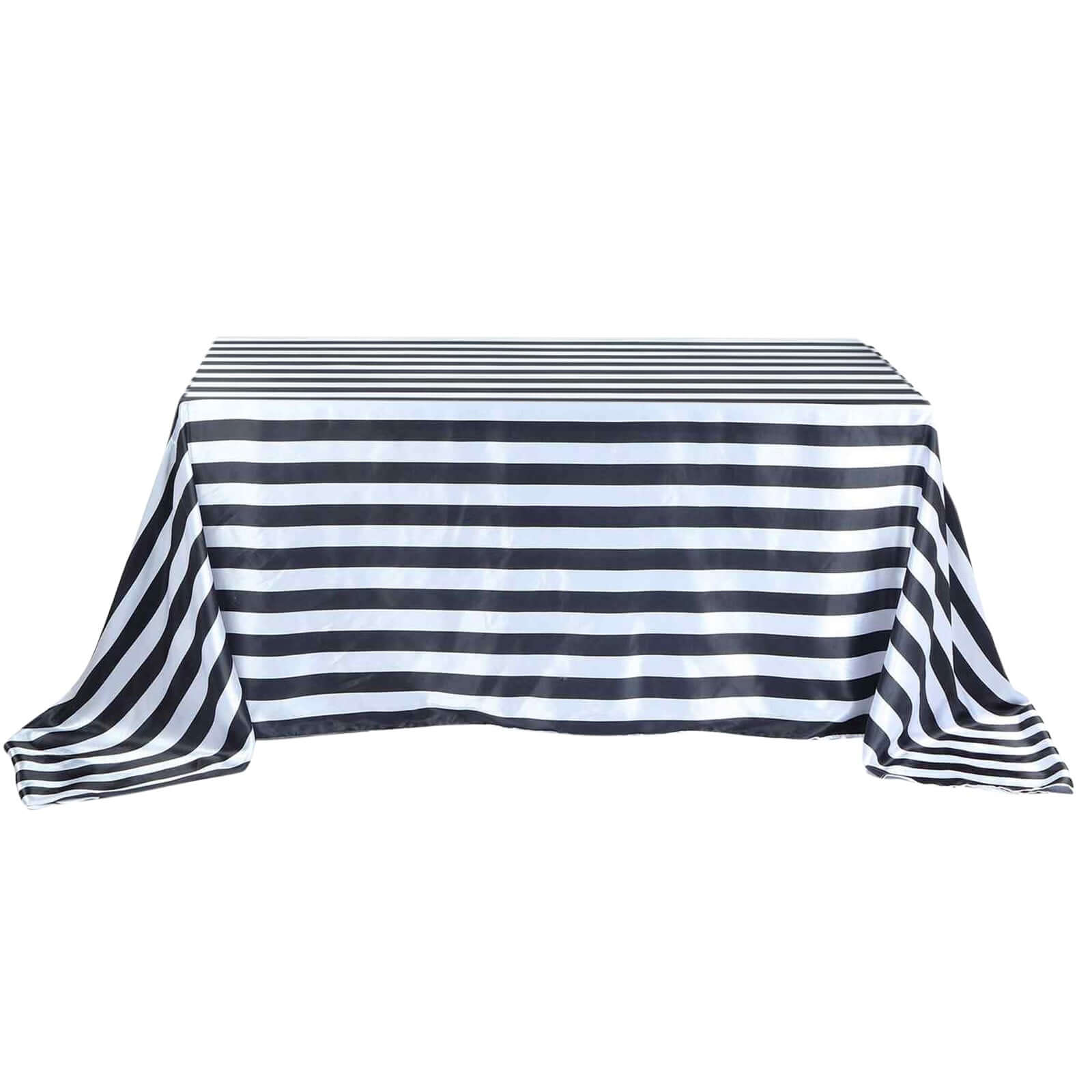 Satin 90x156 Rectangle Tablecloth Black/White - Stripe Design with Seamless Finish Table Cover