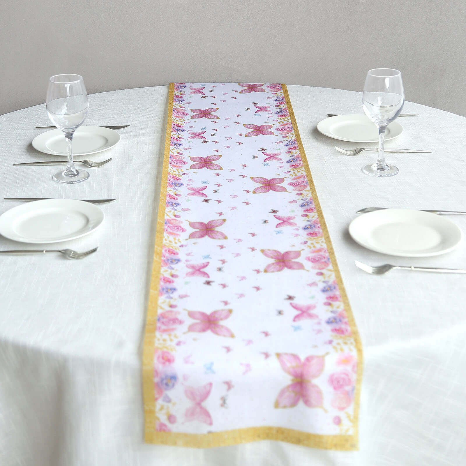 5 Pack Disposable Table Runners 11x108 White with Pink Butterflies - Non-woven Stylish Spring Summer Dining Decor