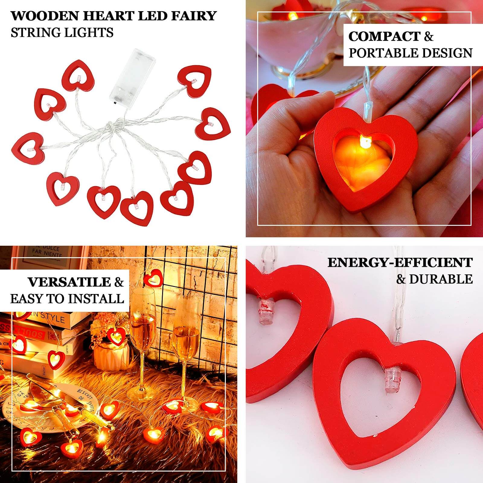 Wooden Heart String Lights Red Design Warm White - Battery Operated Hanging Accent 5ft