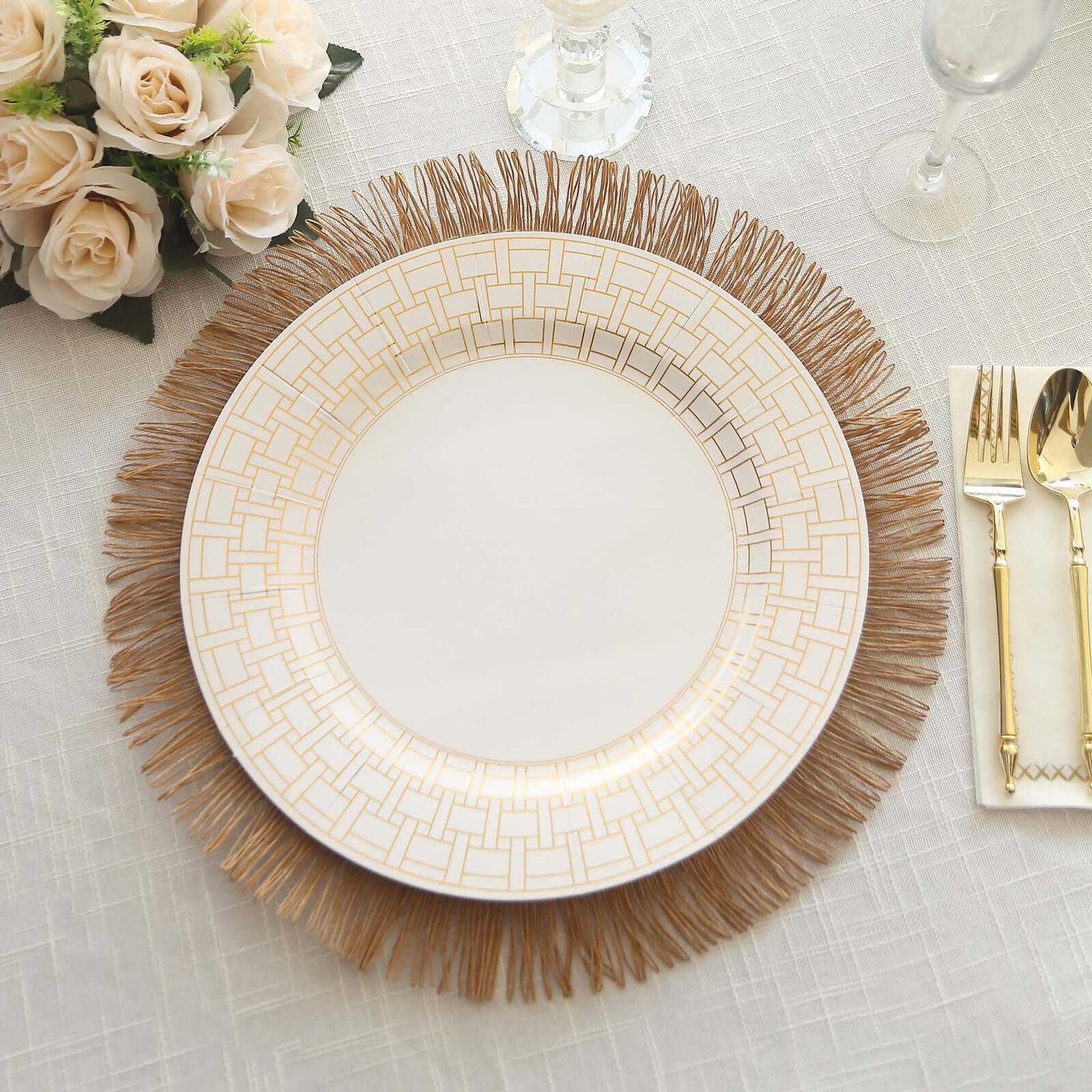 10-Pack Disposable Table Placemats in White with Gold Basketweave Pattern Rim - 650GSM Cardboard Placemats for Weddings & Banquets 13