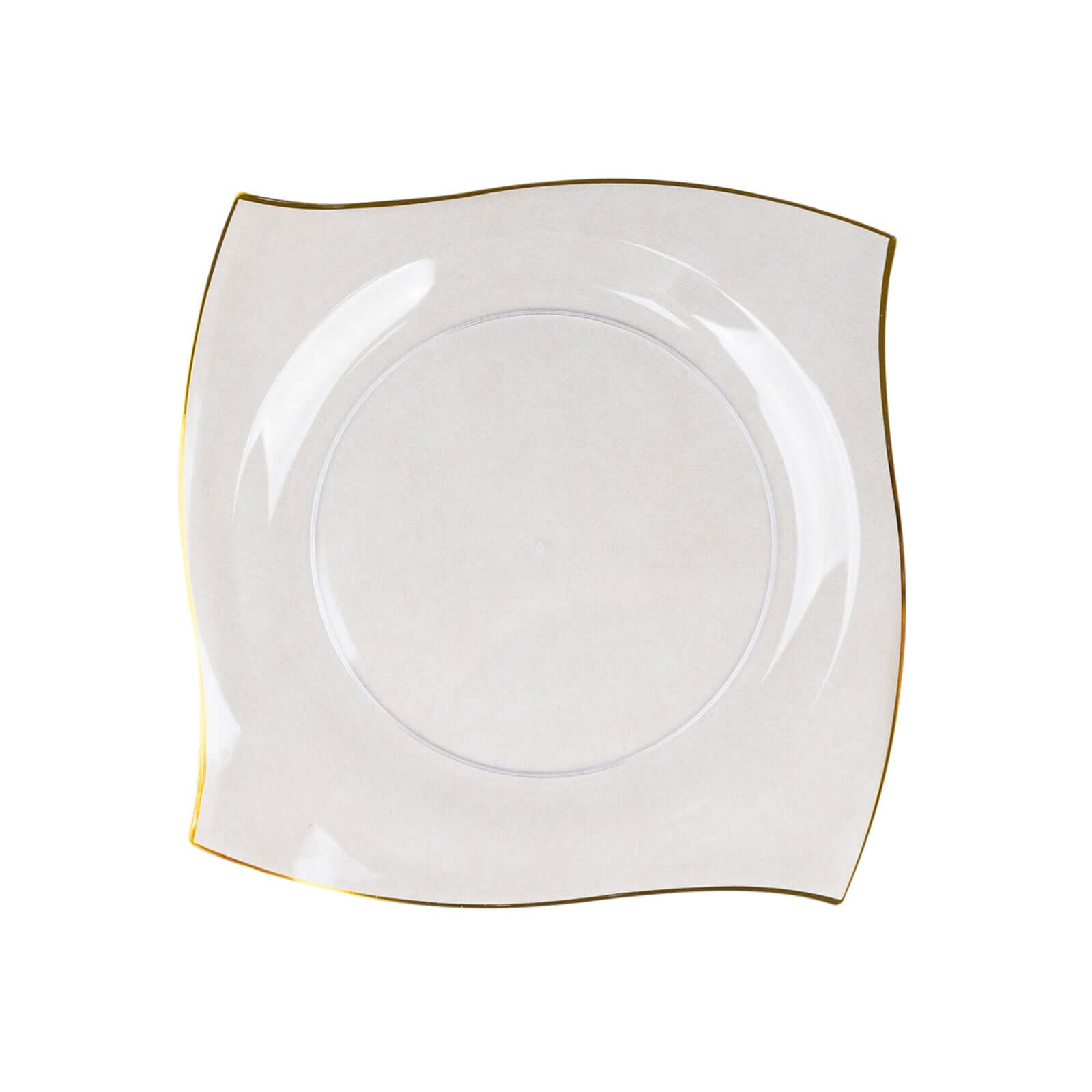 10-Pack Plastic 10 Square Dinner Plates in Clear with Gold Wavy Rim Modern - Disposable Party Plates