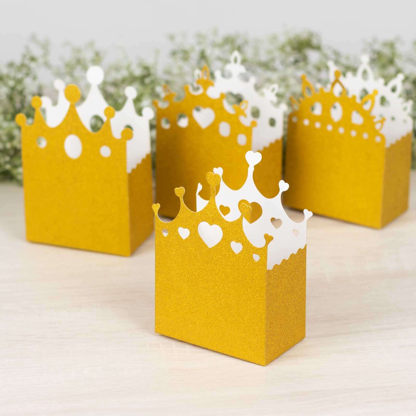 20-Pack Cardstock Favor Boxes Gold Glitter Princess Crown Design - Regal Fantasy Fairytale InspiredTreat Bags for Wedding Birthday Baby Shower Decorations 3.5x 2x 5