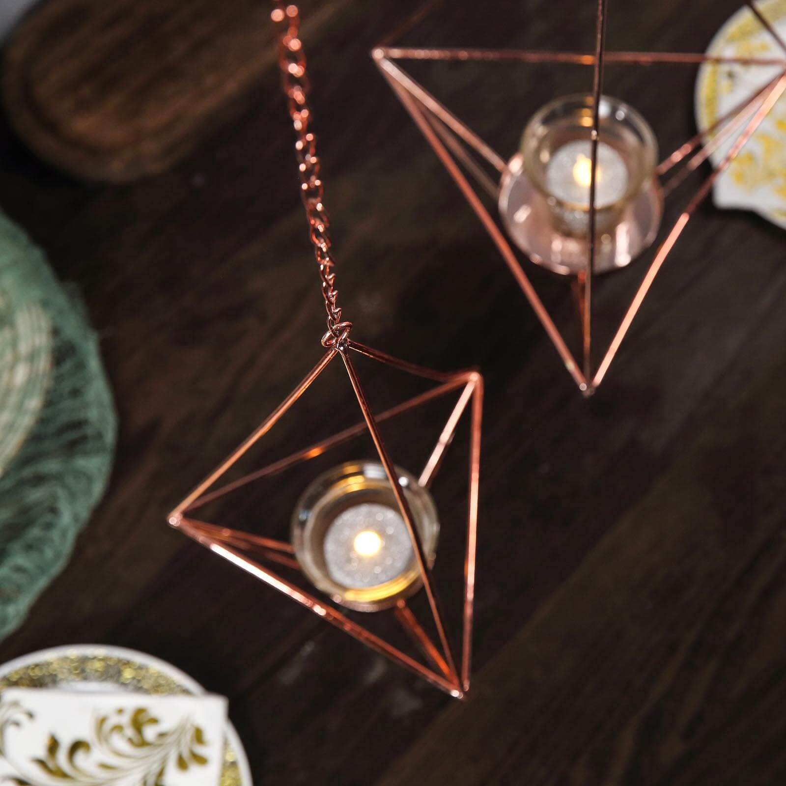 Set of 2 Hanging Tealight Candle Holders Rose Gold Metal Diamond Geometric Open Frame - Flower Terrariums 12, 15