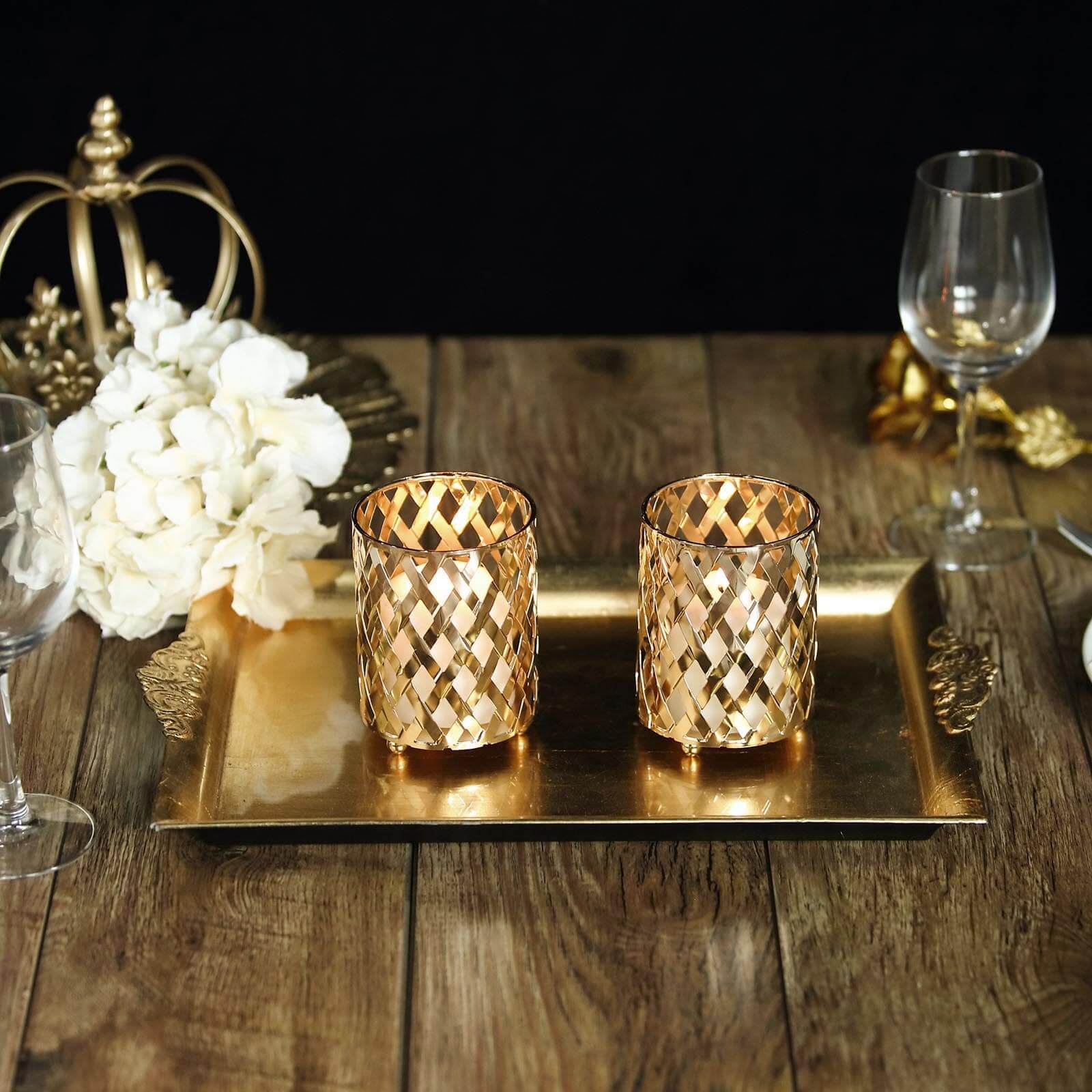 2-Pack Votive Candle Holders Gold Metal Diamond Cut Geometric Design - Perfect for Home Décor and Events 4