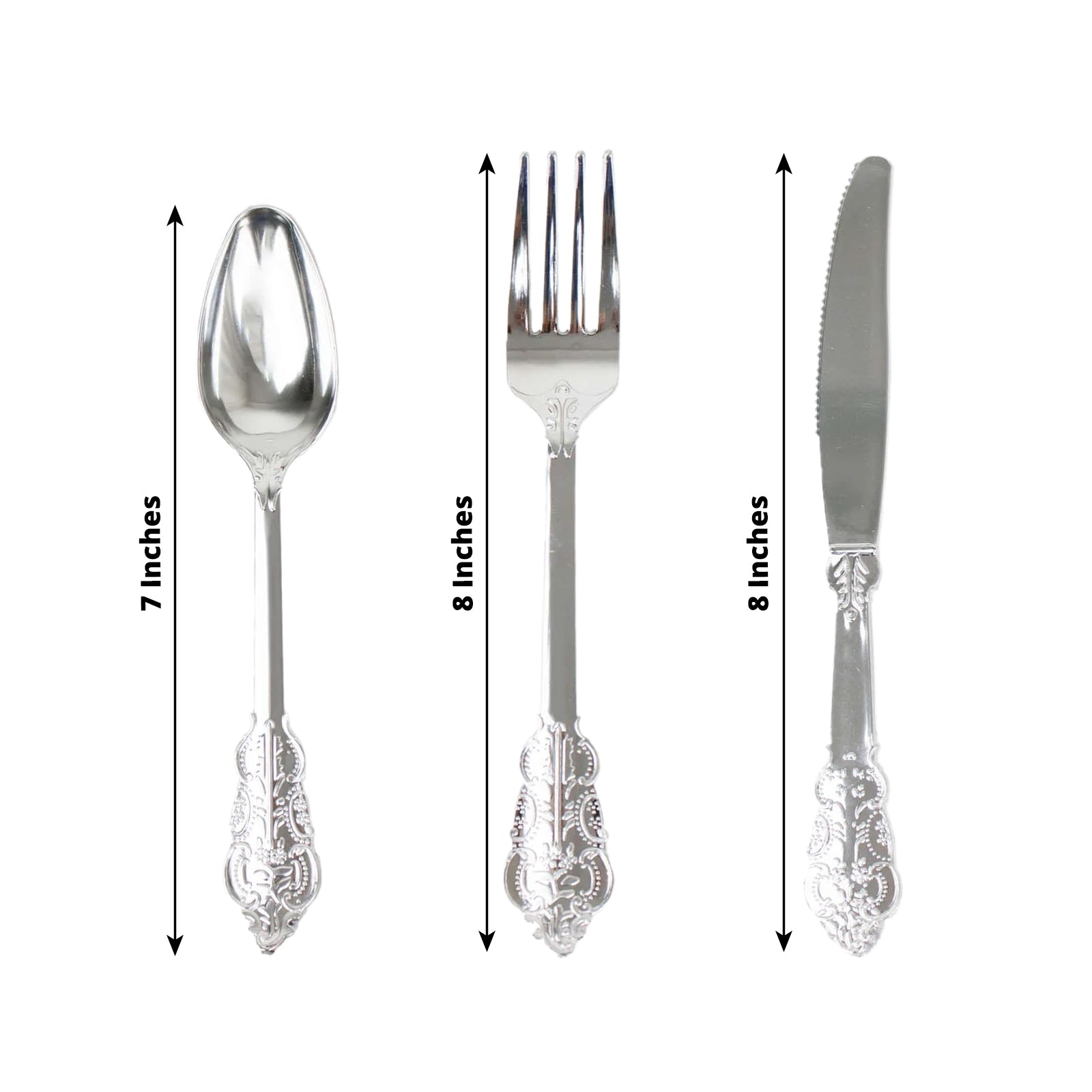 72 Pcs Plastic Silverware Set in Baroque Style Metallic Silver - Heavy Duty Disposable Knife, Fork, and Spoon Set