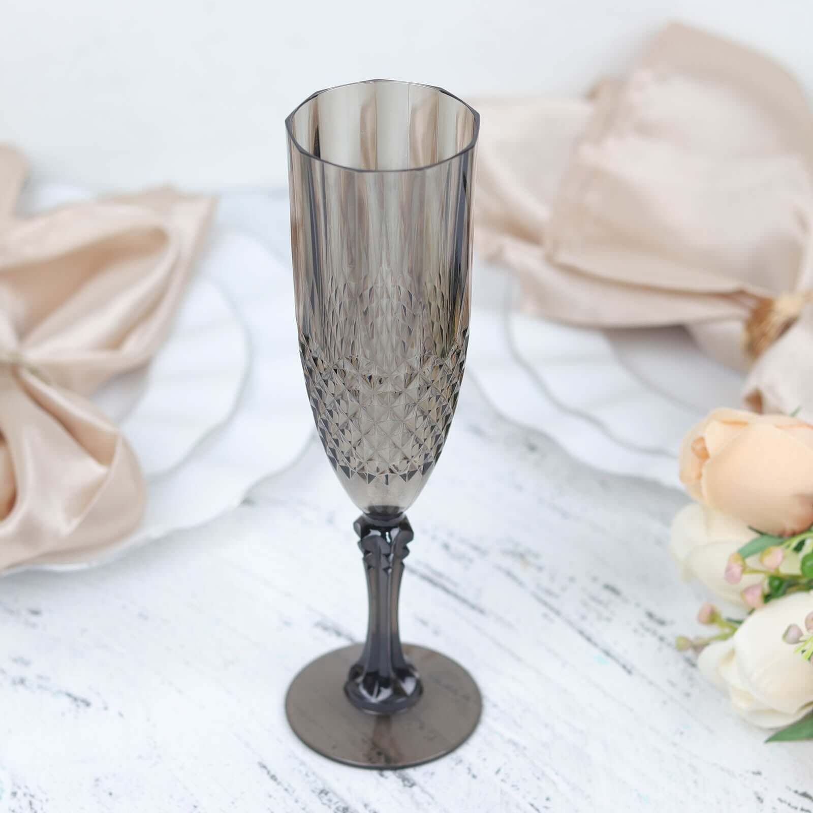 6-Pack Plastic Wedding Toast Flutes Black Transparent Crystal Cut Style - Reusable Champagne Glasses 8oz