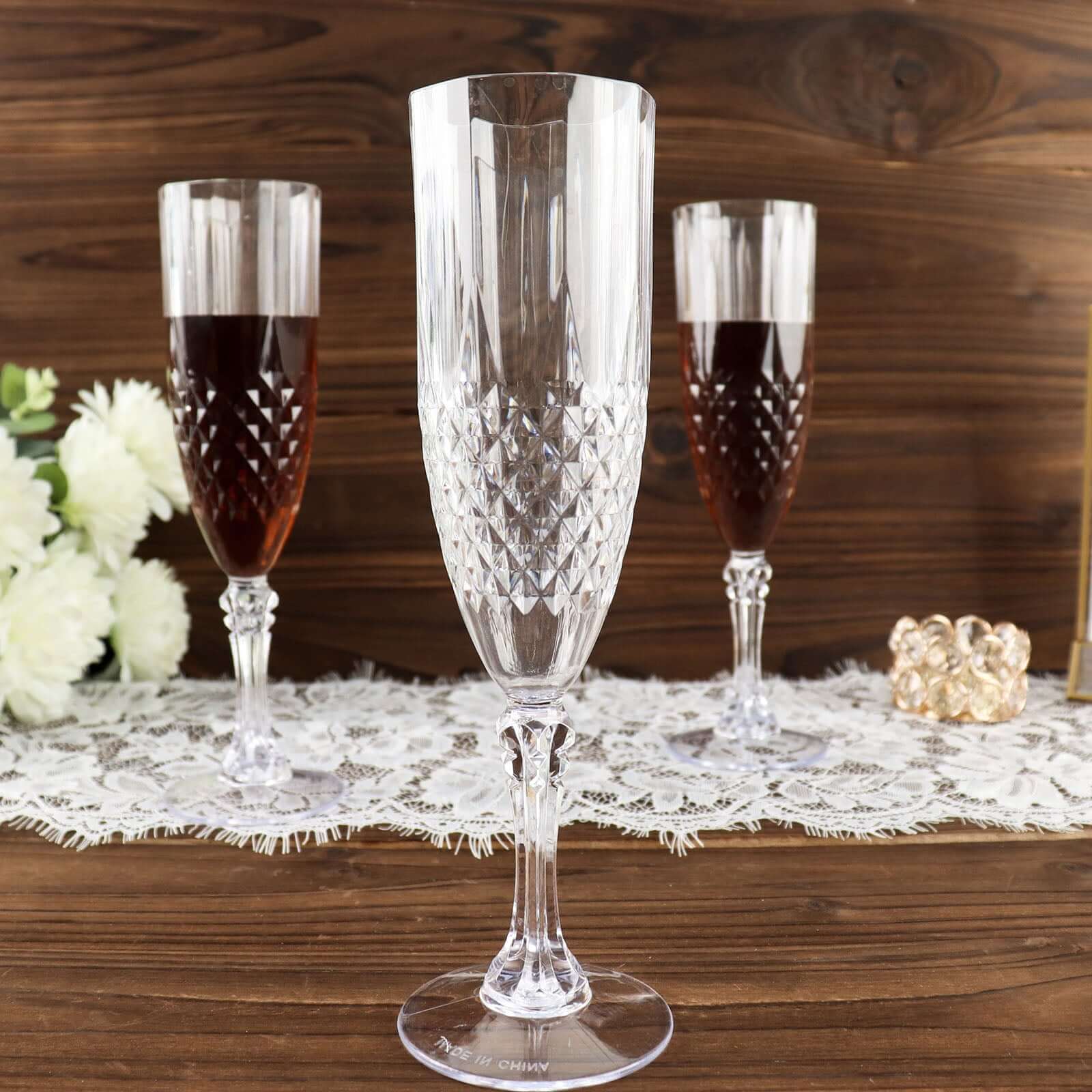 6-Pack Plastic Wedding Toast Flutes Clear Transparent Crystal Cut Style - Reusable Champagne Glasses 8oz