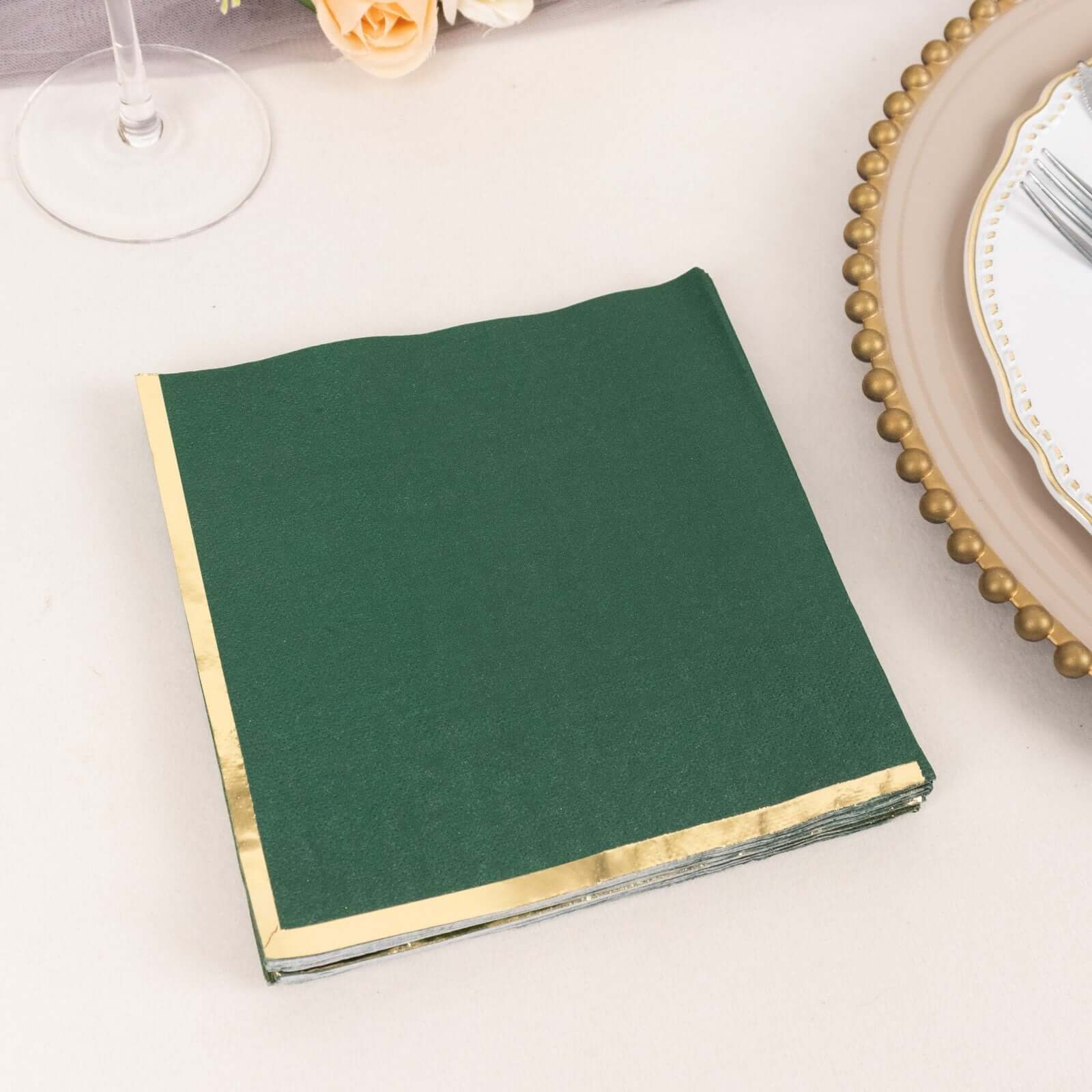 50-Pack Paper Beverage Napkins with Gold Foil Edge Hunter Emerald Green - Disposable 2 Ply Cocktail Napkins for Events 6.5x6.5