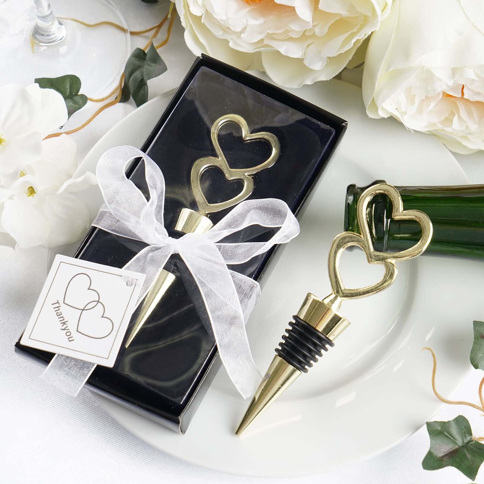 5 Gold Metal Double Heart Wine Bottle Stopper Wedding Party Favors With Velvet Gift Box