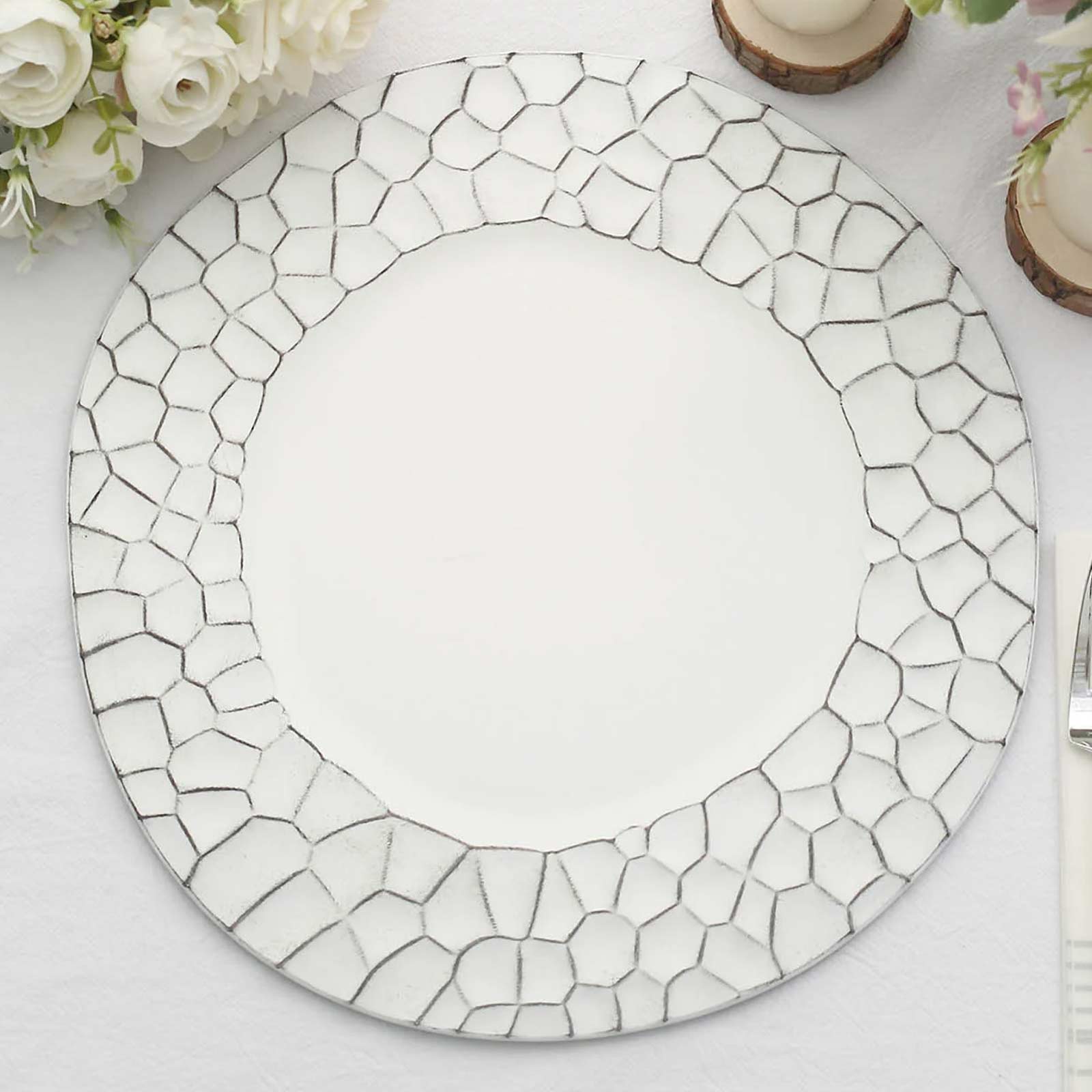 6-Pack Round Charger Plates 13 in White with Hammered Rim, Matte Finish Modern Dinner Charger Tableware