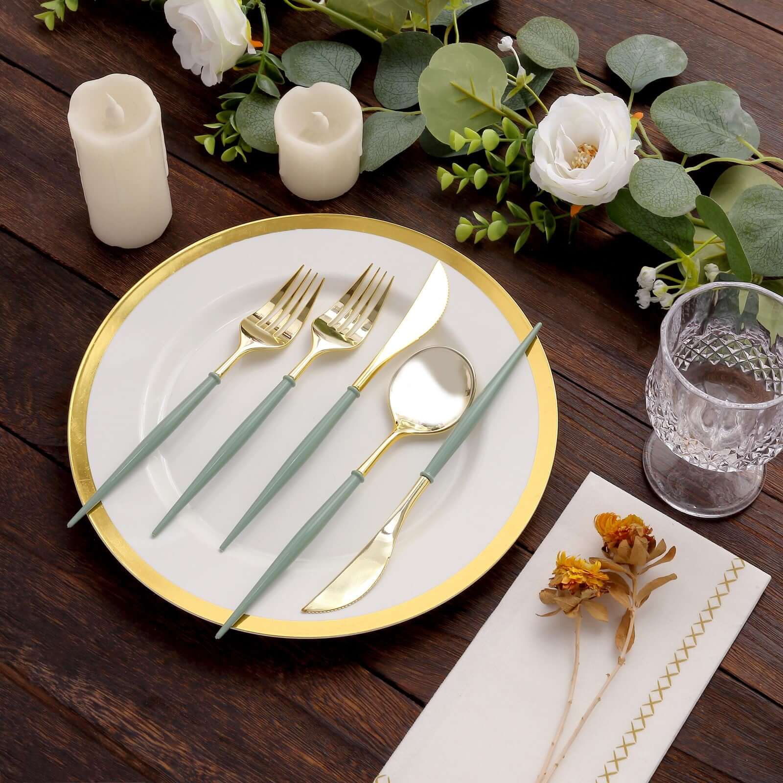 24-Pack Plastic Flatware Set in Metallic Gold with Dusty Sage Green Handle - Heavy Duty Disposable Modern Silverware 8