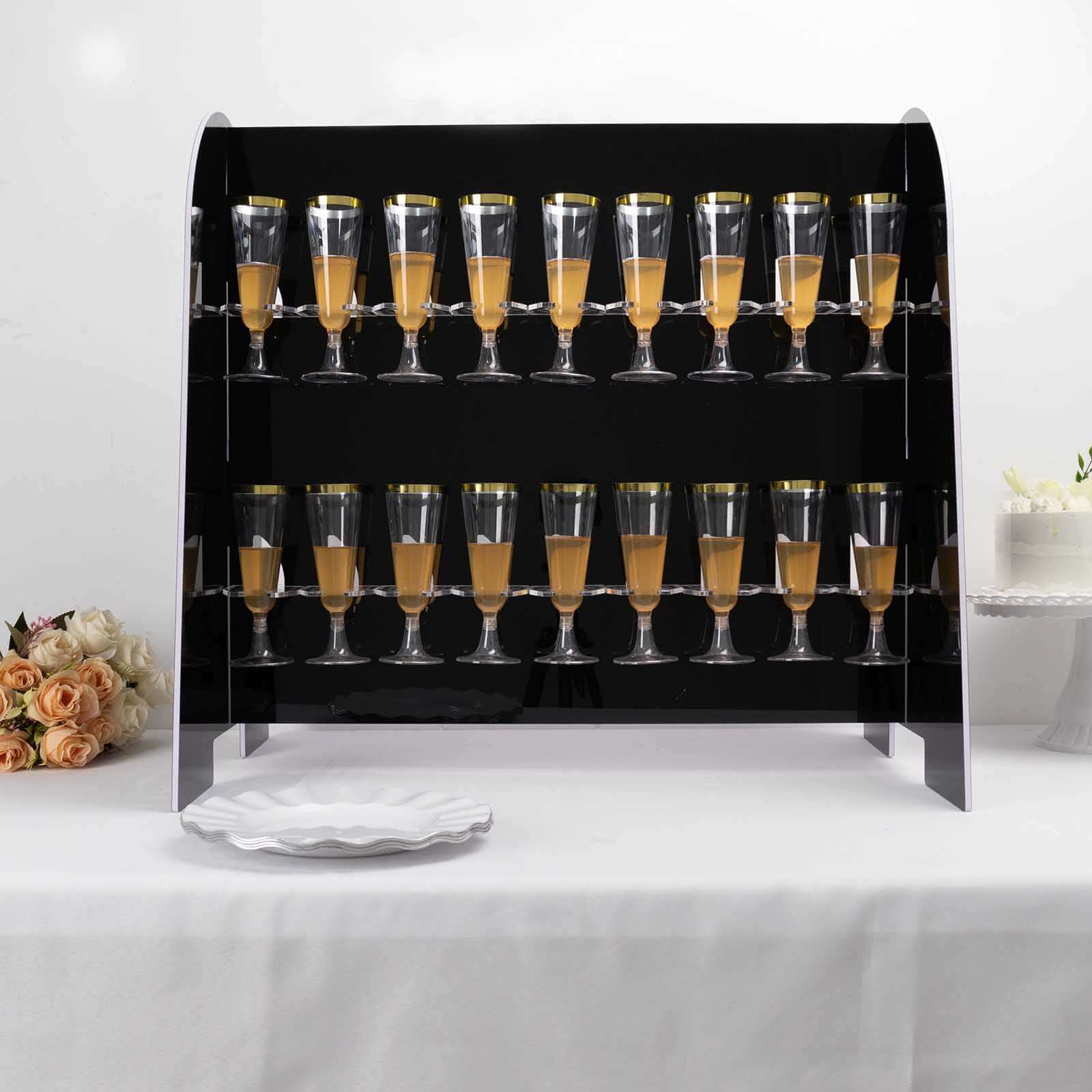 2-Tier Champagne Glass Holder Display Stand Table Top in Glossy Black - Modern Stemware Rack Cocktail Drink Holder with 18 Hooks for Events & DIY Bars 25