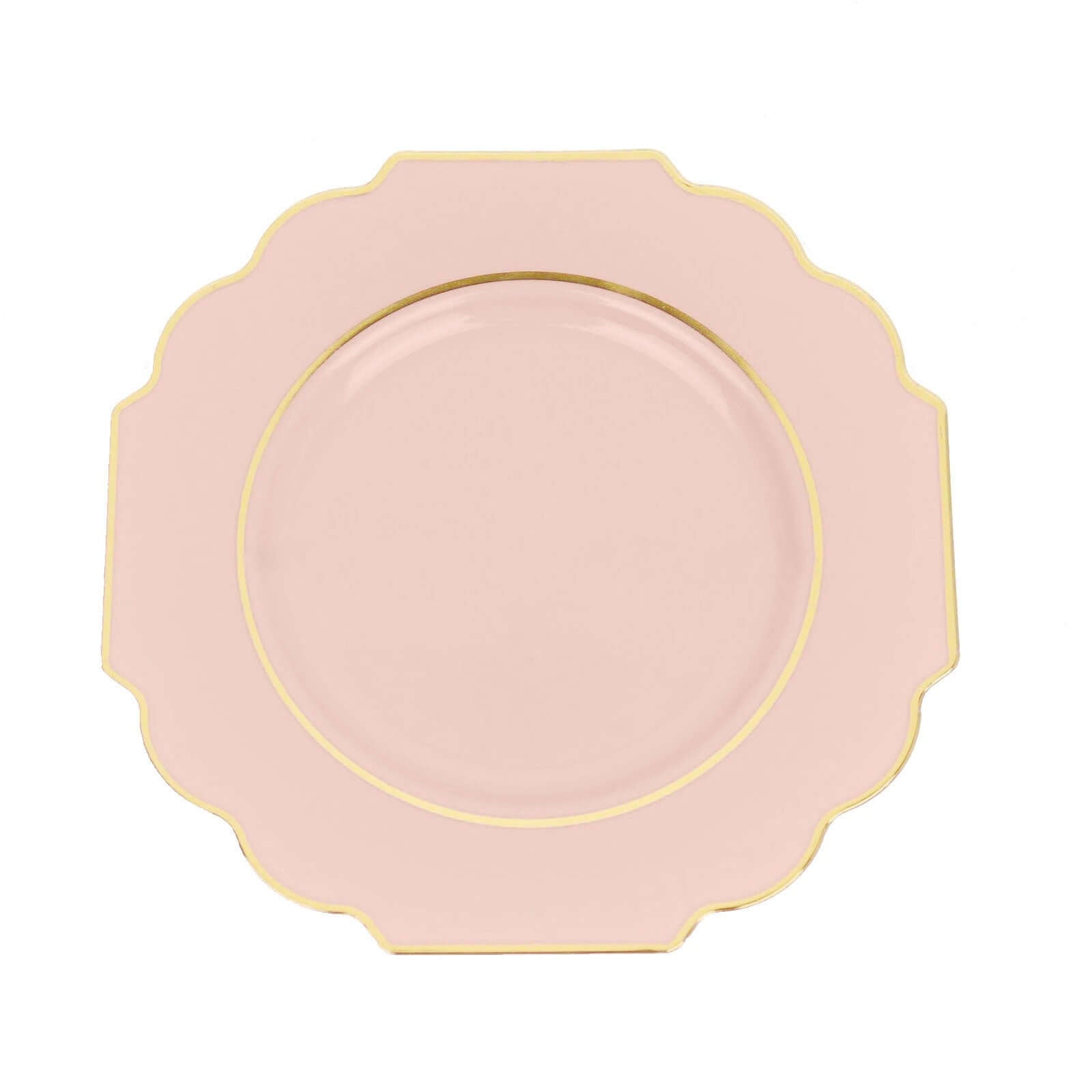 10-Pack Plastic Dessert Appetizer Plates in Blush Baroque Design with Scalloped Gold Rim - Heavy Duty Disposable Salad Plates 8