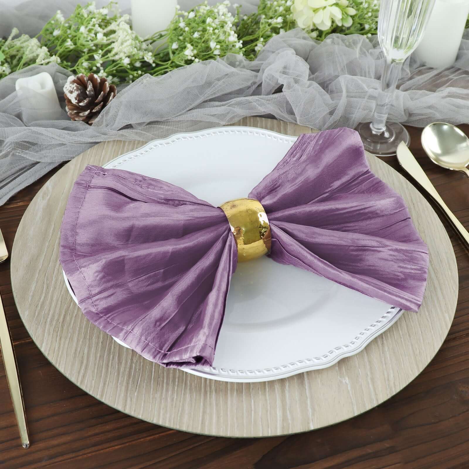 5 Pack Taffeta 20x20 Napkins Violet Amethyst - Accordion Crinkle Dinner Napkins