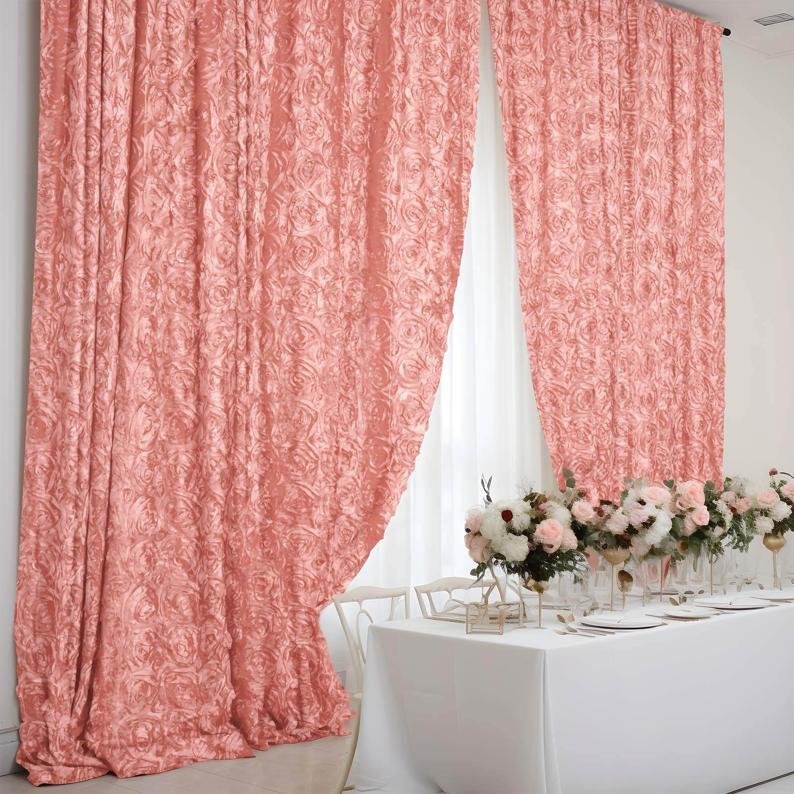 8ftx8ft Dusty Rose Satin Rosette Event Curtain Drapes, Backdrop Event Panel