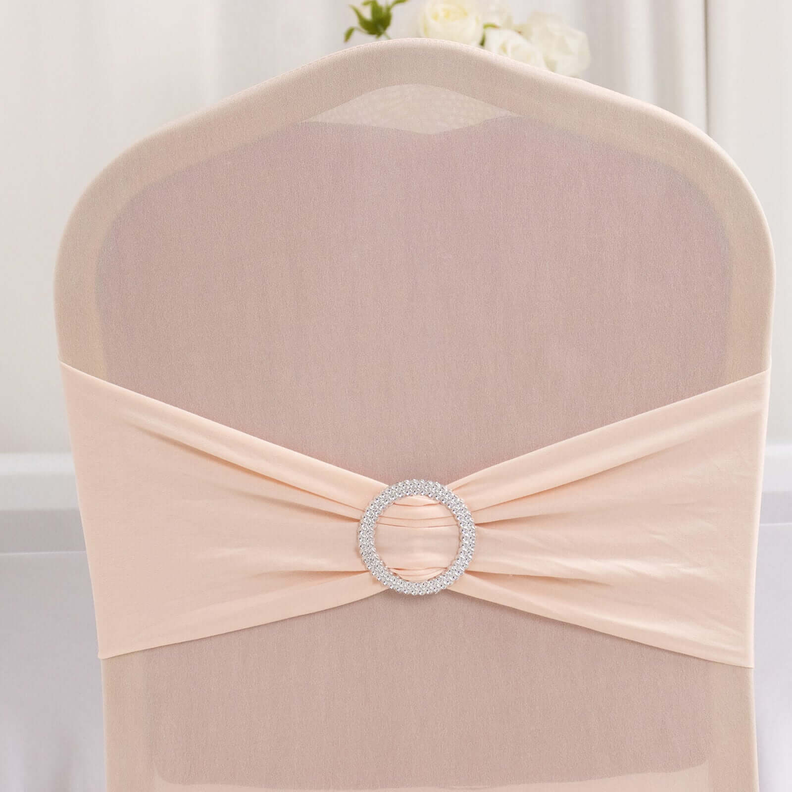 Spandex Chair Cover with Blush Rhinestone Buckled Sash Band Blush - Stretch Fitted Slipcover