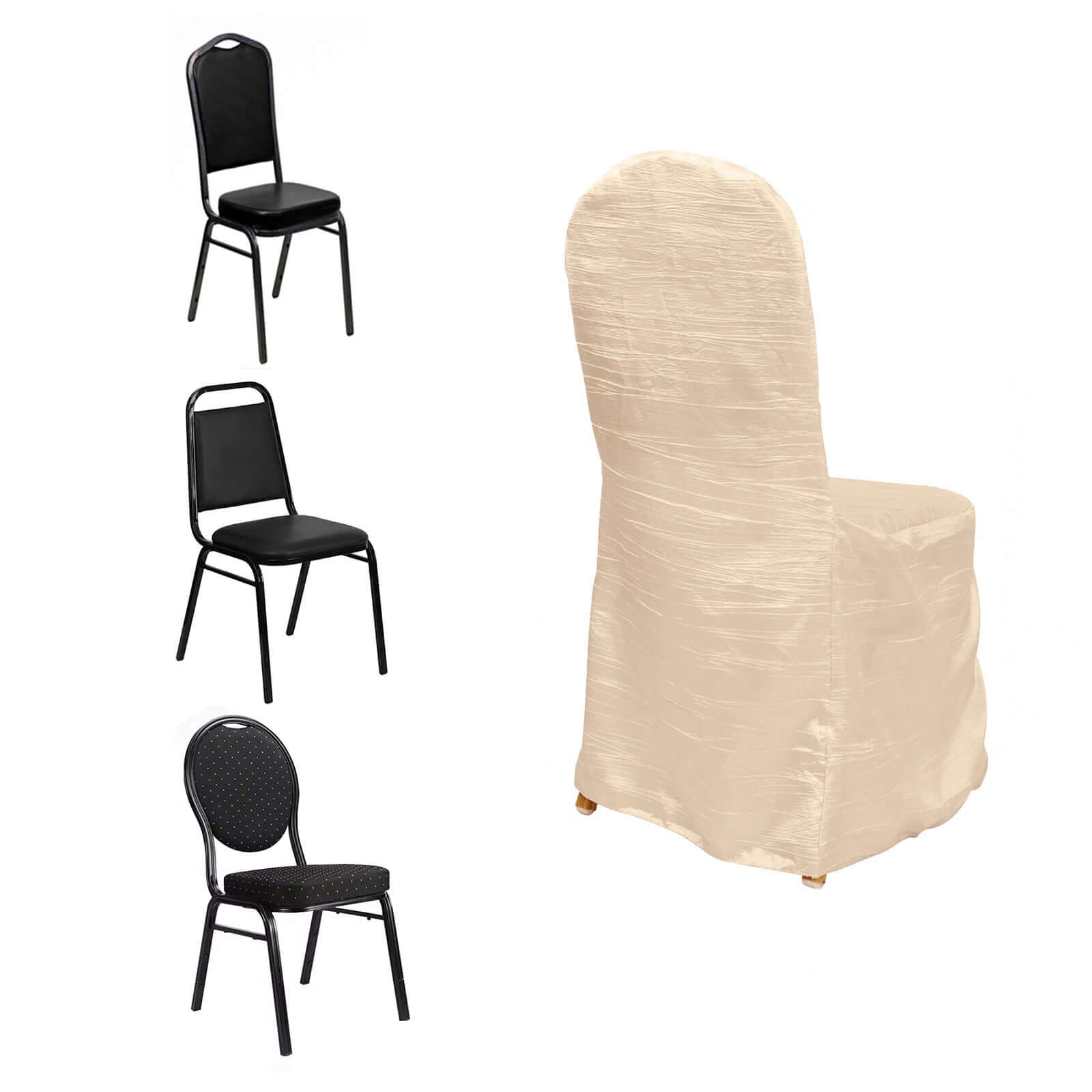 Crinkle Crushed Taffeta Chair Cover for Banquet Chairs Beige - Reusable Slipcover