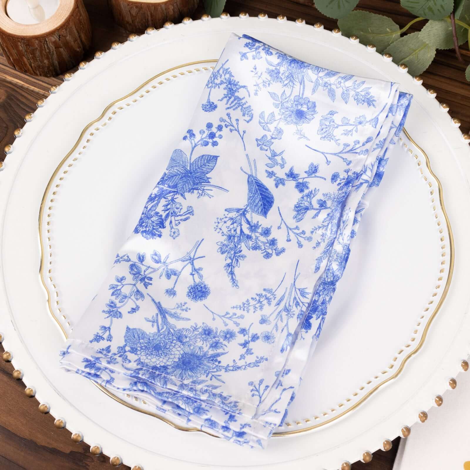 5 Pack Satin 20x20 Napkins White/Blue French Toile Pattern - Classy & Easy to Maintain Cloth Napkins for Weddings & Events