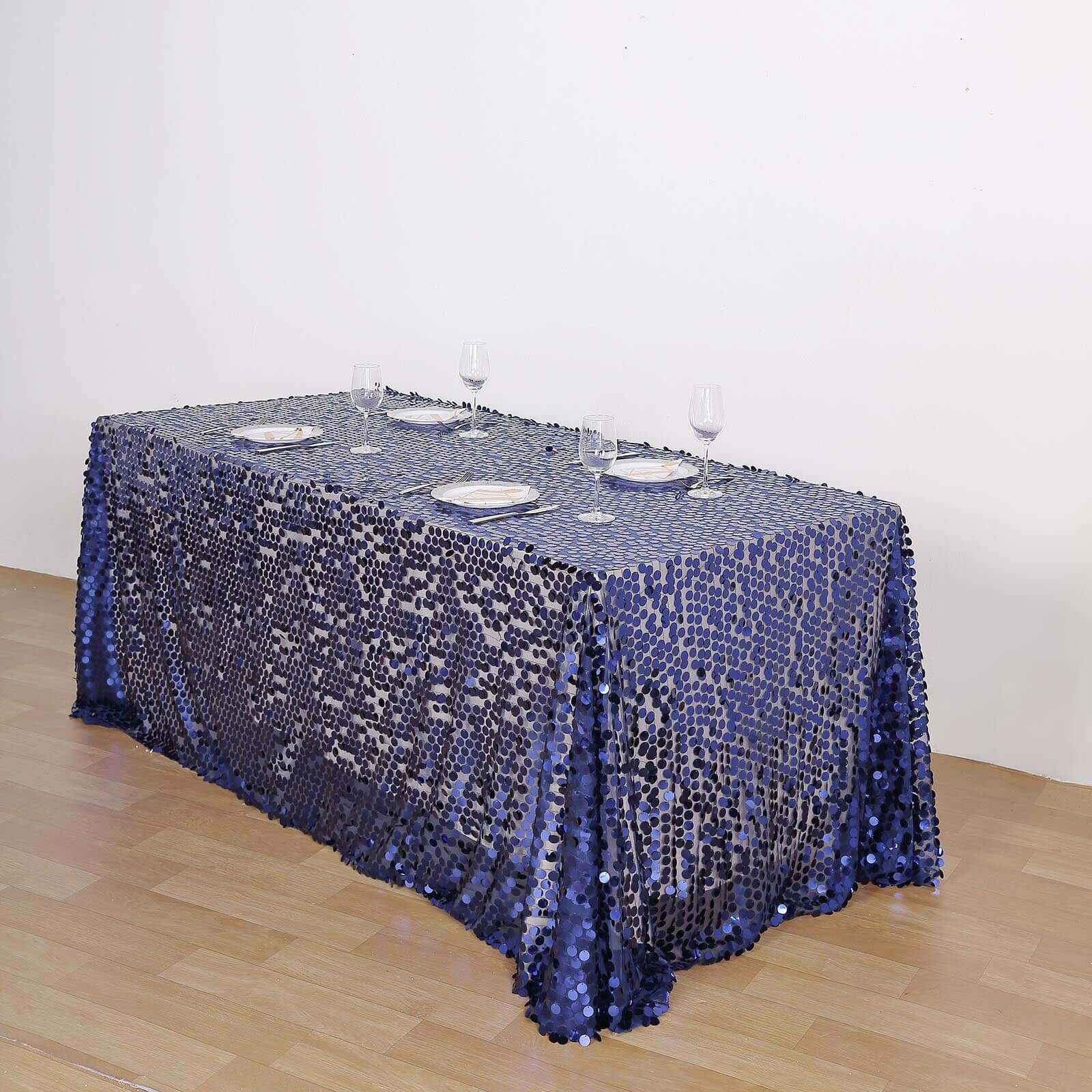 Sequin 90x132 Rectangle Tablecloth Navy Blue - Seamless Big Payette Table Cover