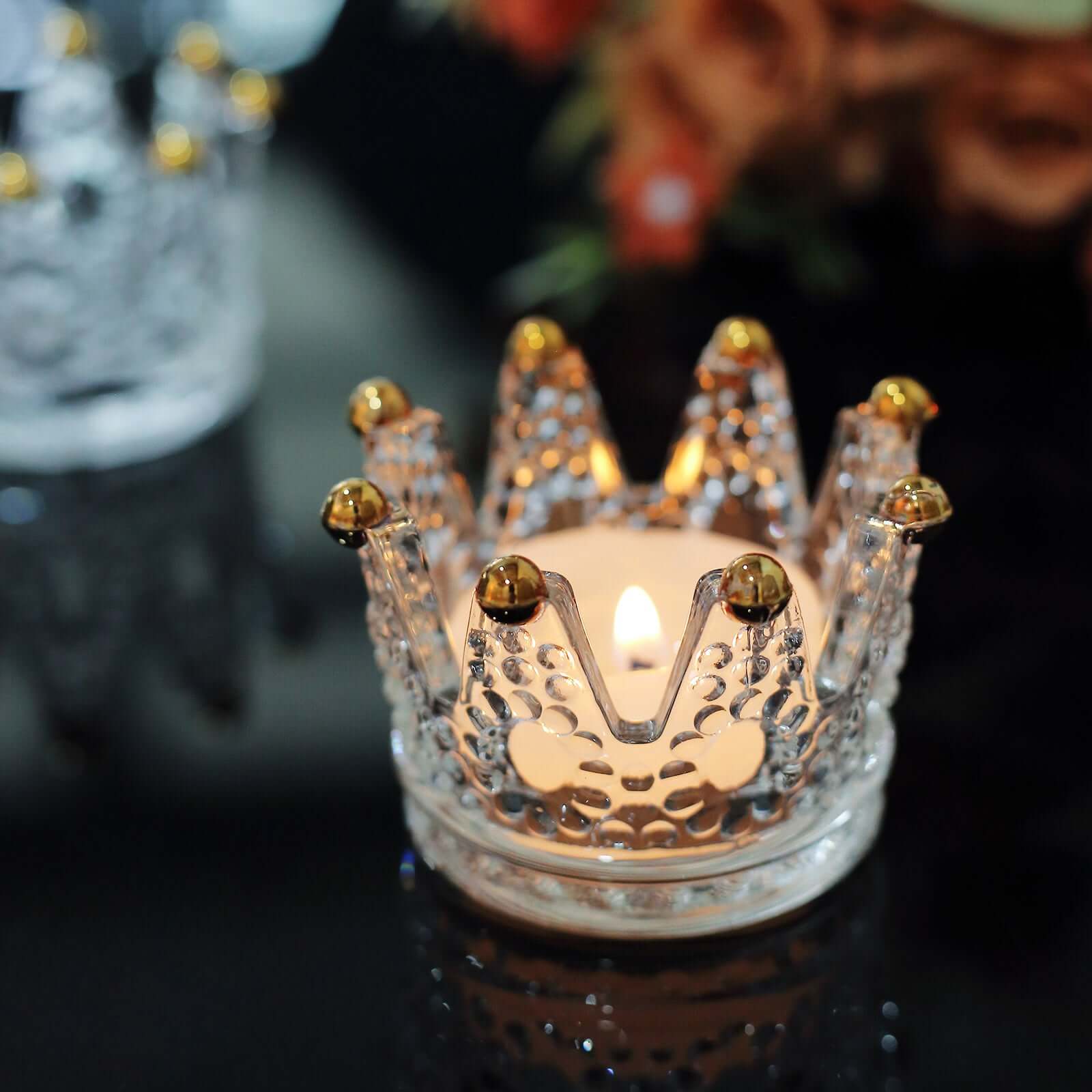 6-Pack Glass Crown Votive Candle Holders Clear Crystal Design with Gold Beaded Tips - Tea Light Holders 3x2