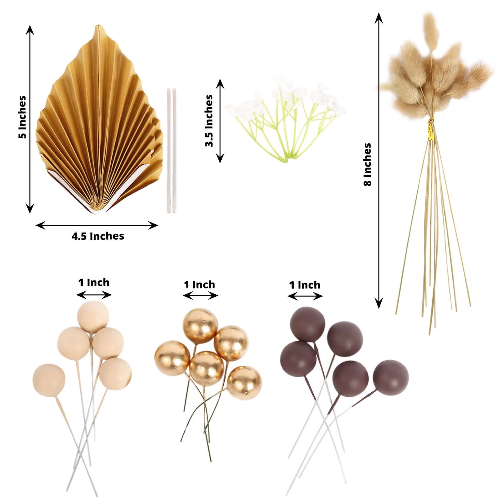 25-Pack Cake Toppers Gold Boho Style Palm Leaf and Flower Ball Design - Coffee Ball Cake Decoration Set Assorted