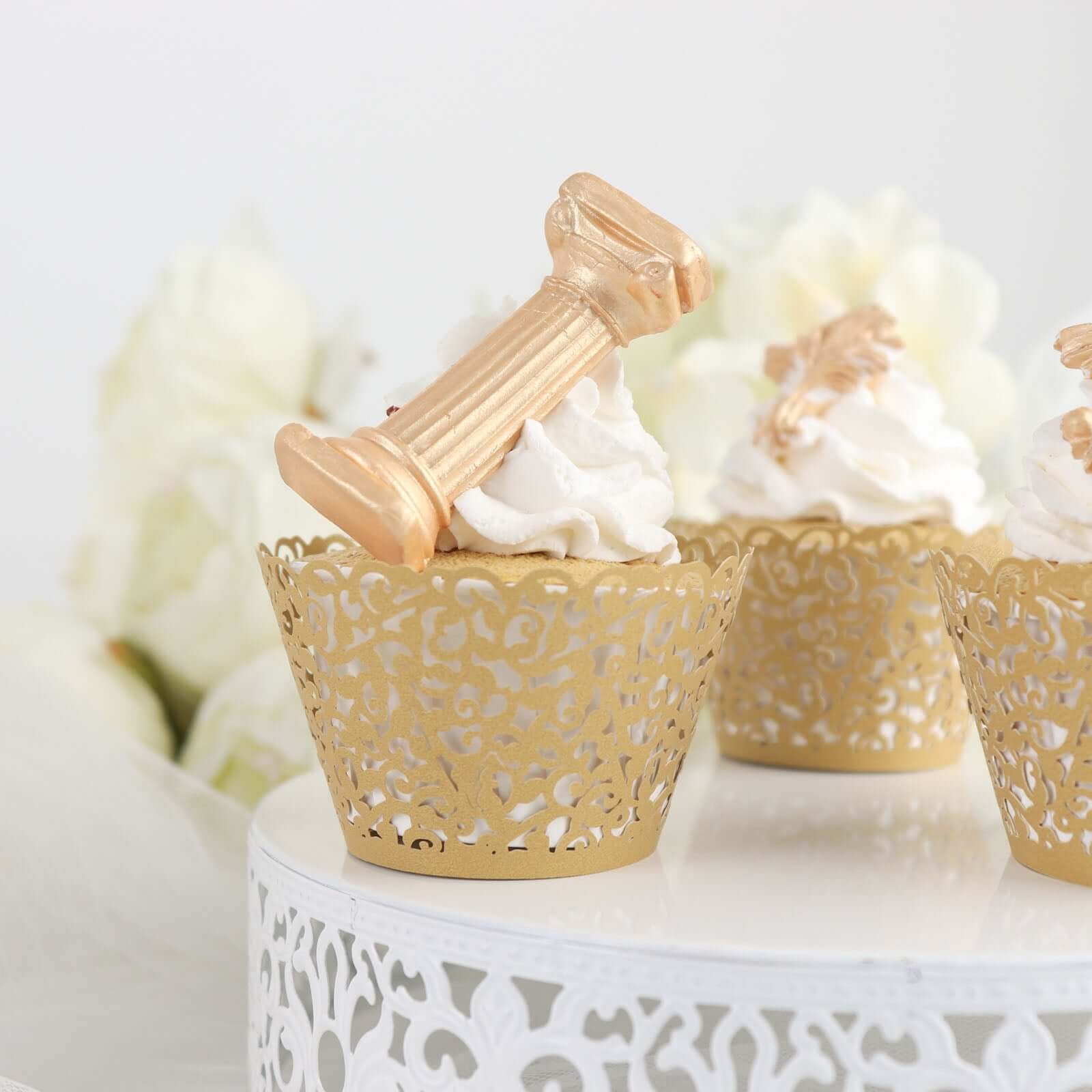 25-Pack Paper Cupcake Wrappers Lace Laser Cut Design Gold - Muffin Baking Cup Trays for Events