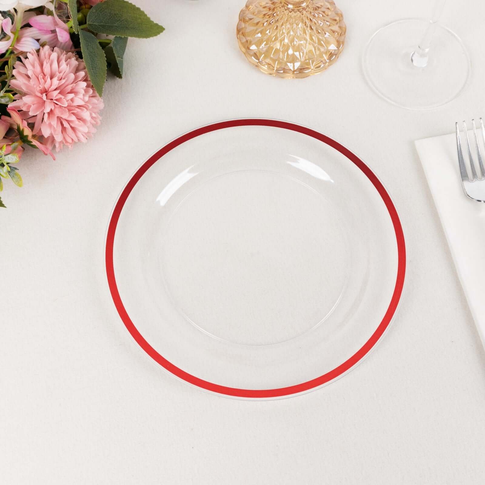 10-Pack Plastic 7 Round Appetizer Plates in Clear with Red Rim - Sleek Disposable Salad Plates for Banquets & Special Occasions