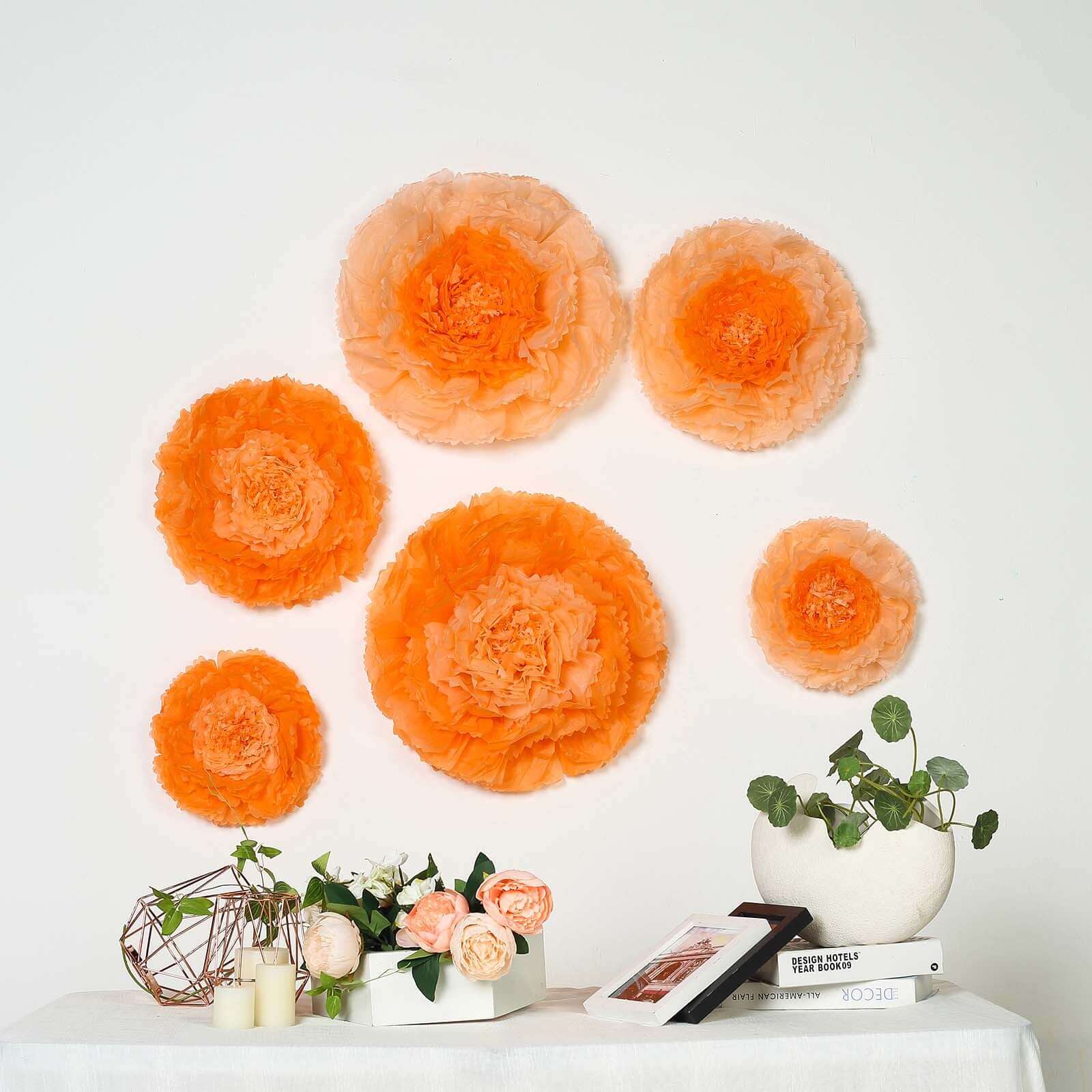 Set of 6 Coral Orange Giant Carnation 3D Paper Flowers Wall Decor - 12,16,20