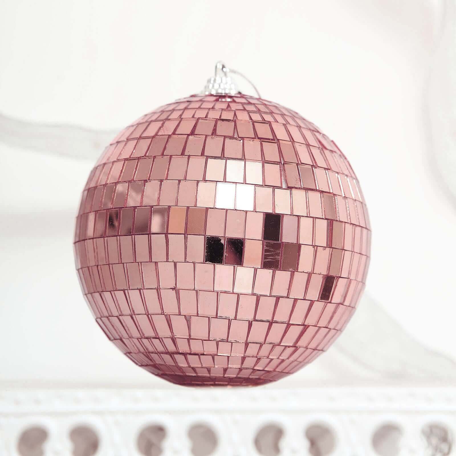 4 Pack 4 Rose Gold Foam Disco Mirror Ball With Hanging Strings, Holiday Christmas Ornaments