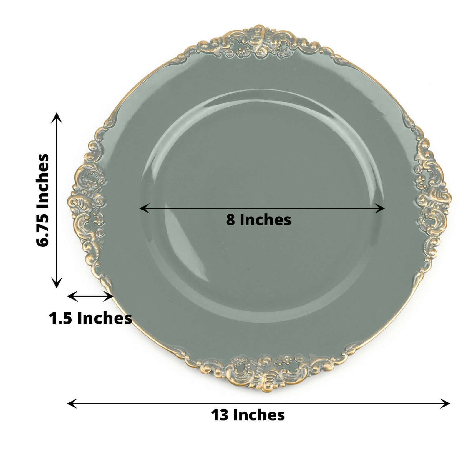 6-Pack Acrylic Round Charger Plates 13 in Olive Green with Gold Embossed Baroque Rim, Antique Decorative Dinner Party Charger Tableware