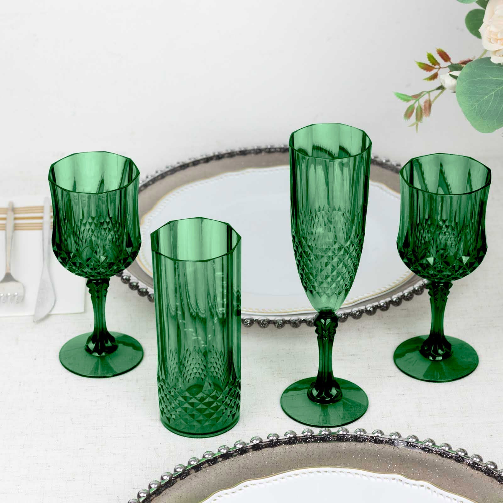 6-Pack Plastic Cocktail Tumblers Hunter Emerald Green Transparent Crystal Cut Style - Shatterproof Highball Glasses 14oz