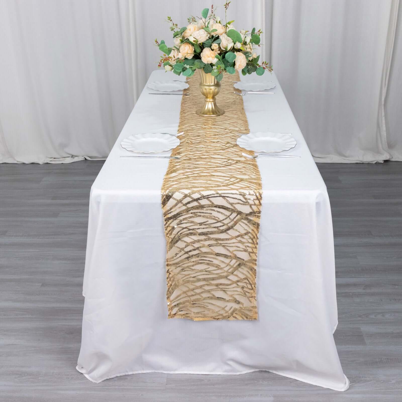 Sequin Mesh 12x108 Table Runner Champagne Stylish Wave Embroidery