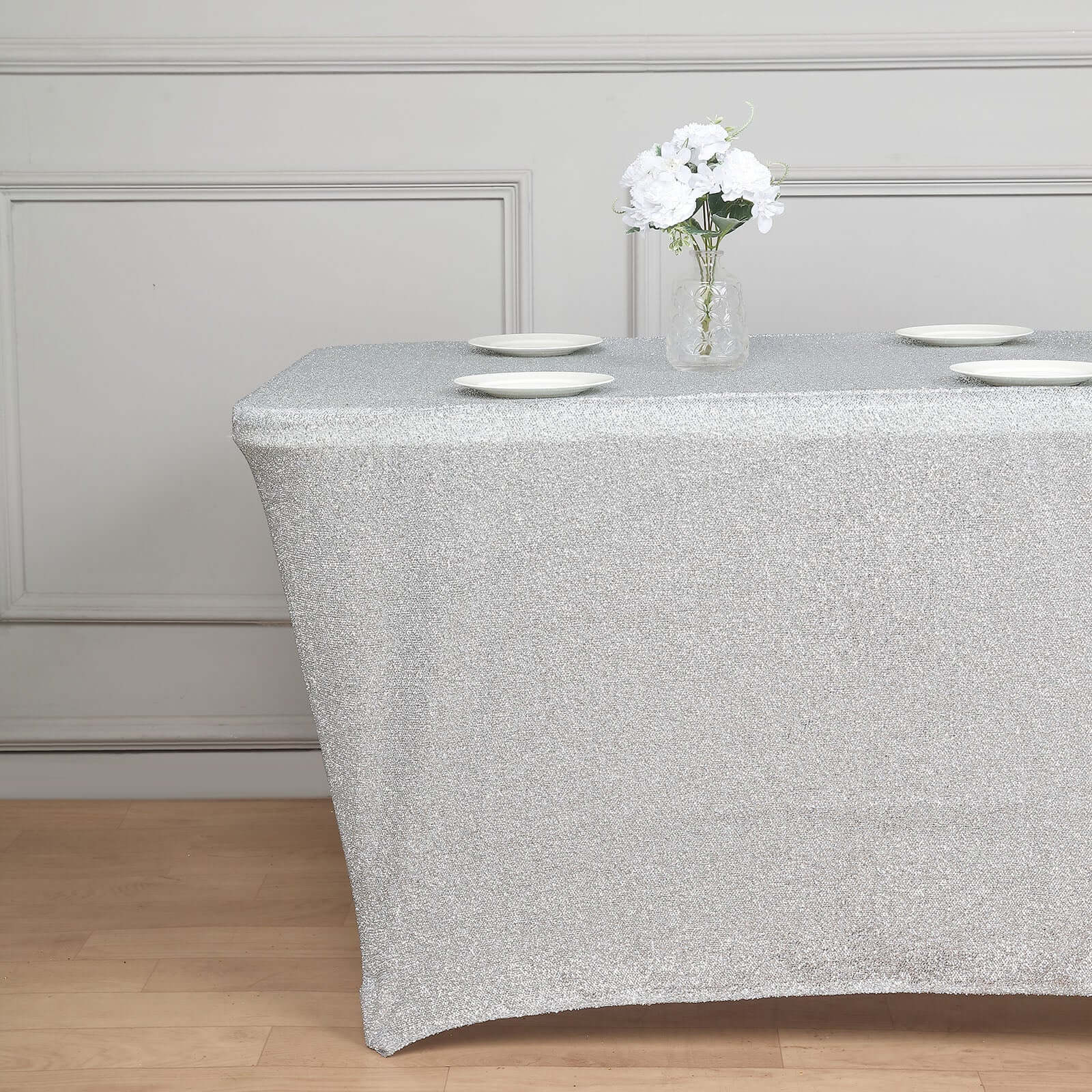 Shimmer Tinsel Spandex 72x30 Rectangle Tablecloth Metallic Silver Glittered Shiny Stretch Table Cover