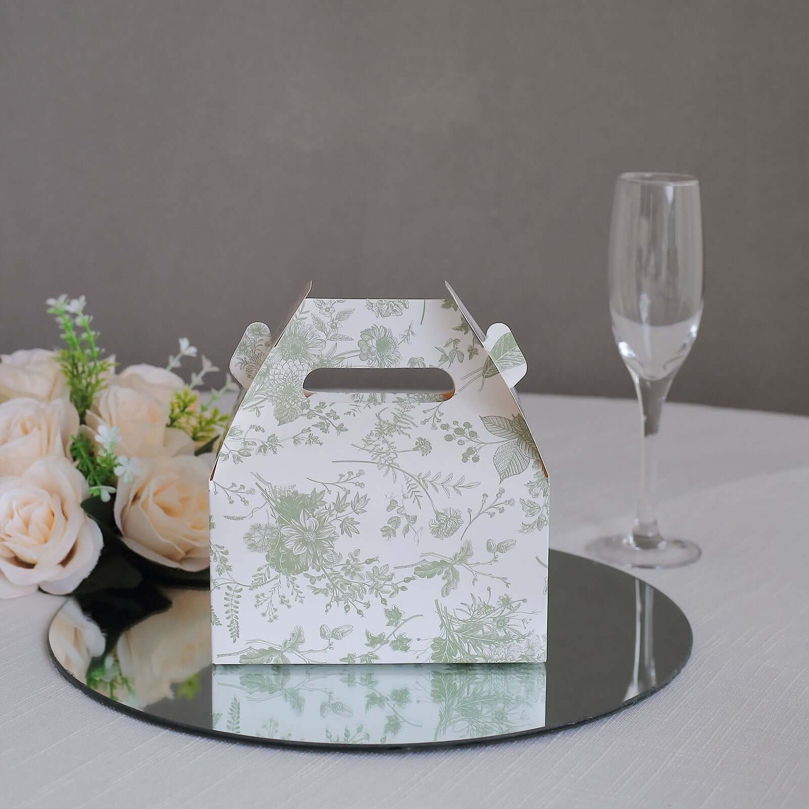 25 Pack White Sage Green Candy Gift Tote Gable Boxes in French Toile Pattern, Party Favor Treat Boxes - 6x3.5x7