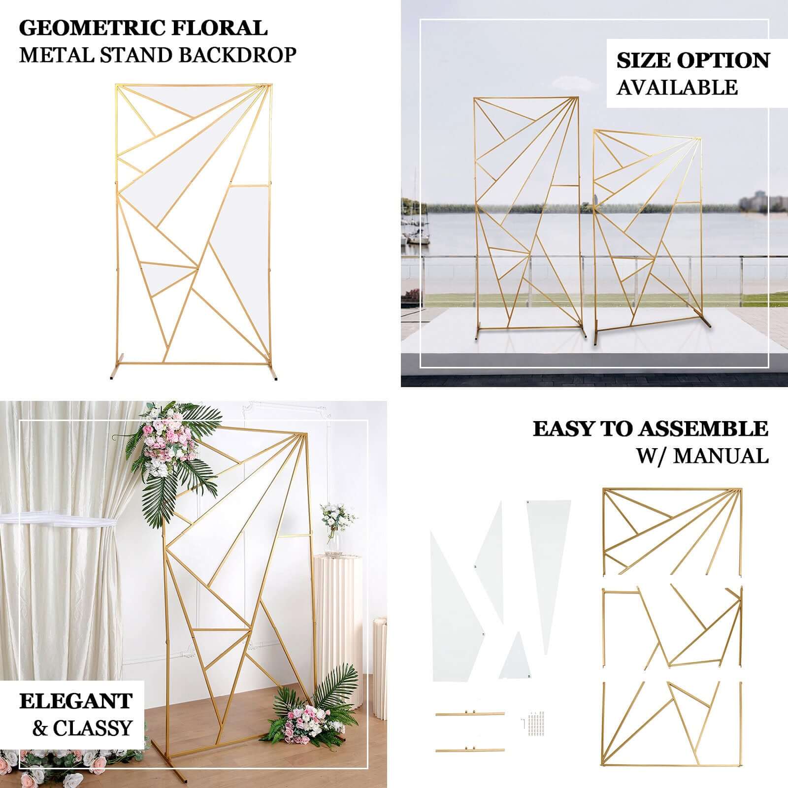 6ft Tall Gold Metal Rectangular Geometric Flower Frame Prop Stand, Wedding Backdrop Floor Stand With Cloudy Film Insert