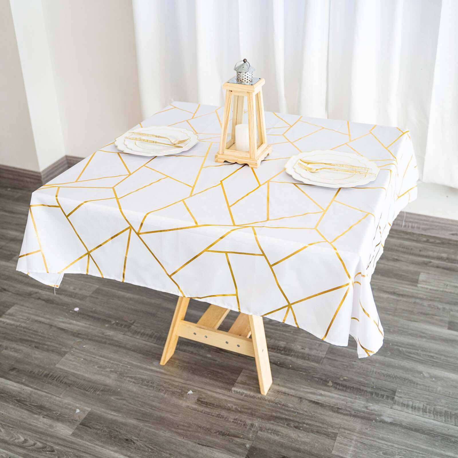 Polyester 54x54 Square Tablecloth White with Gold Foil Geometric Pattern - Wrinkle-Resistant & Durable for Stylish Settings