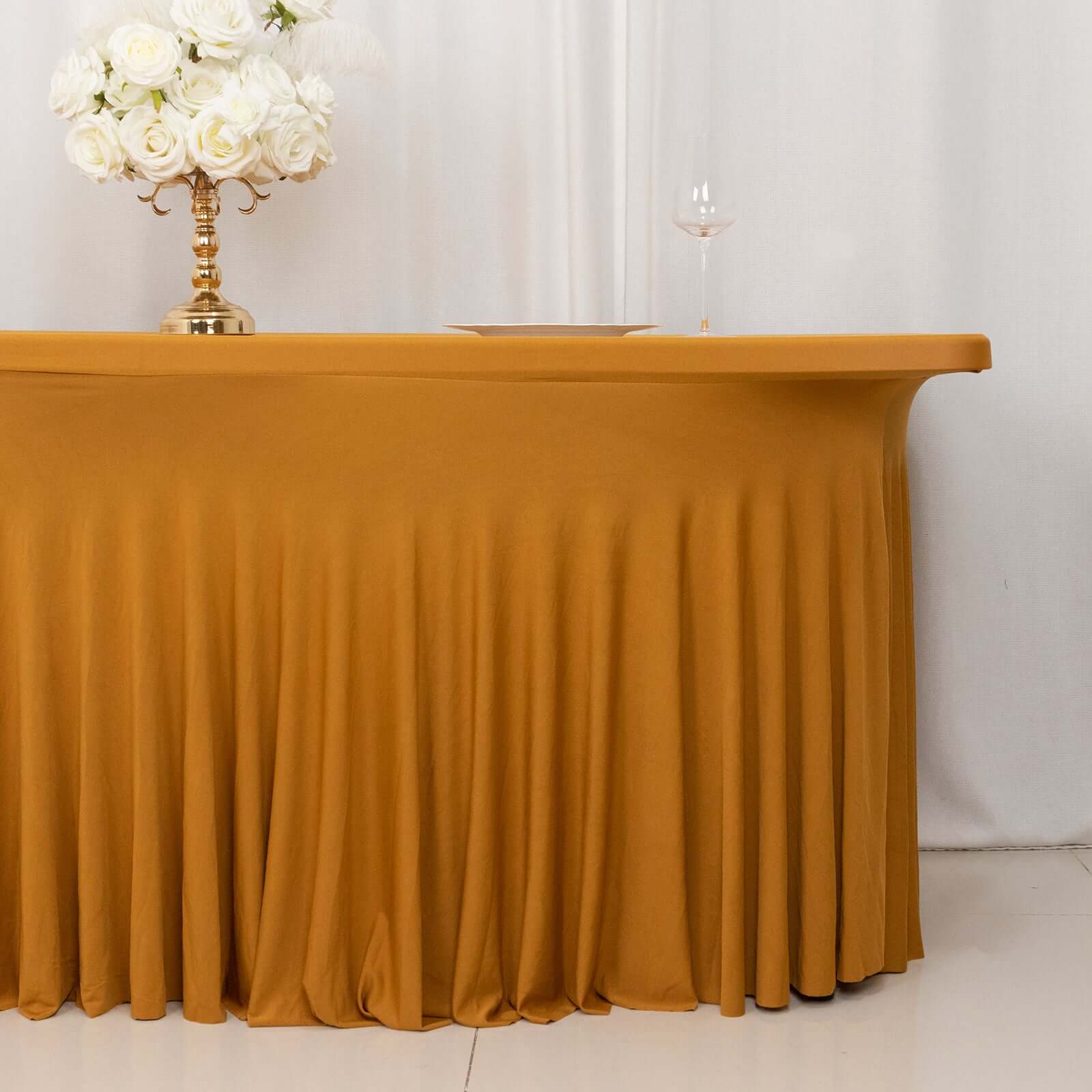 Spandex Rectangle 72x30 Table Skirt Gold with Wavy Skirt-Like Effect Stylish Table Cover for Weddings, Banquets & Trade Shows